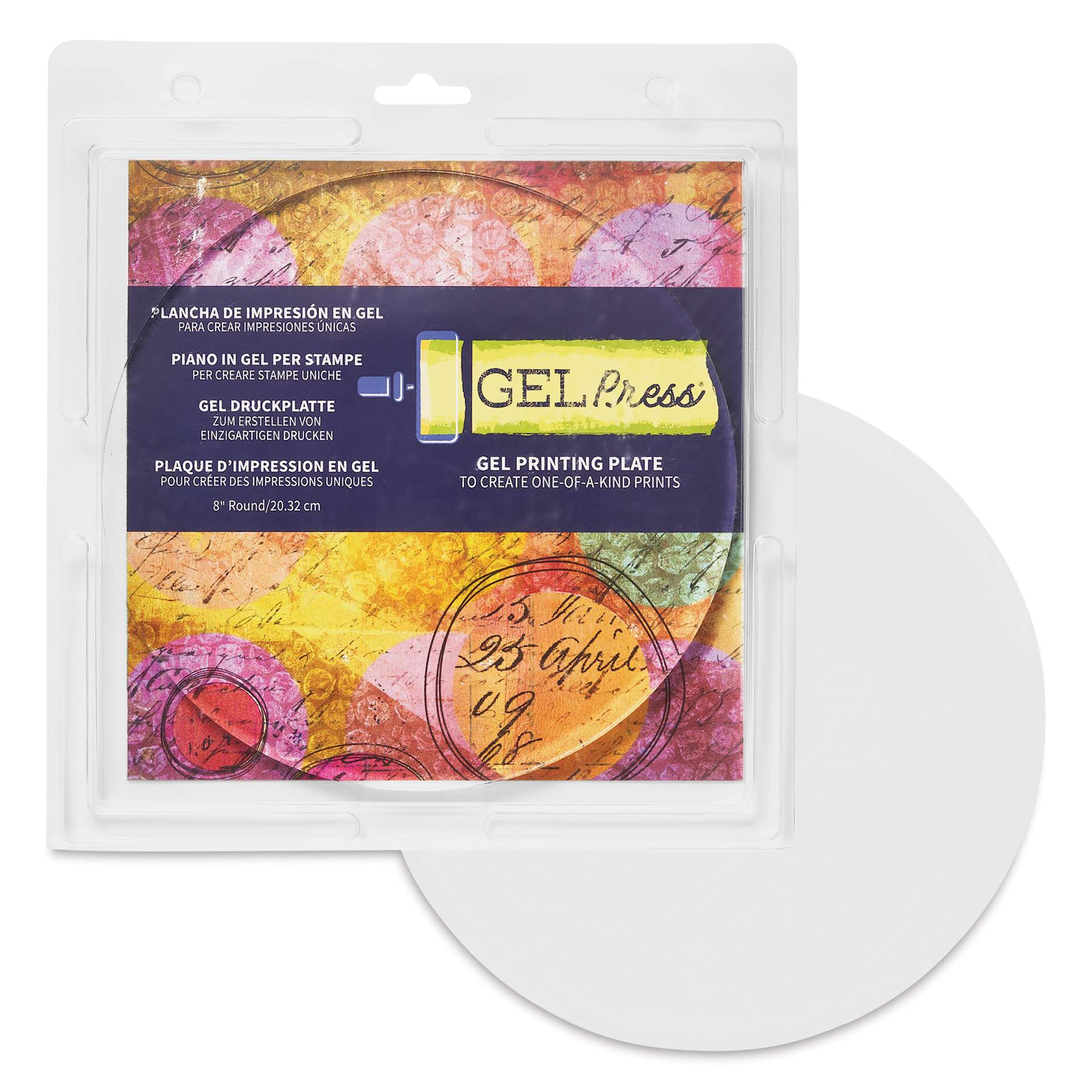 Gel Press Printing Plate - Circle, 8" Diameter packaging with contents