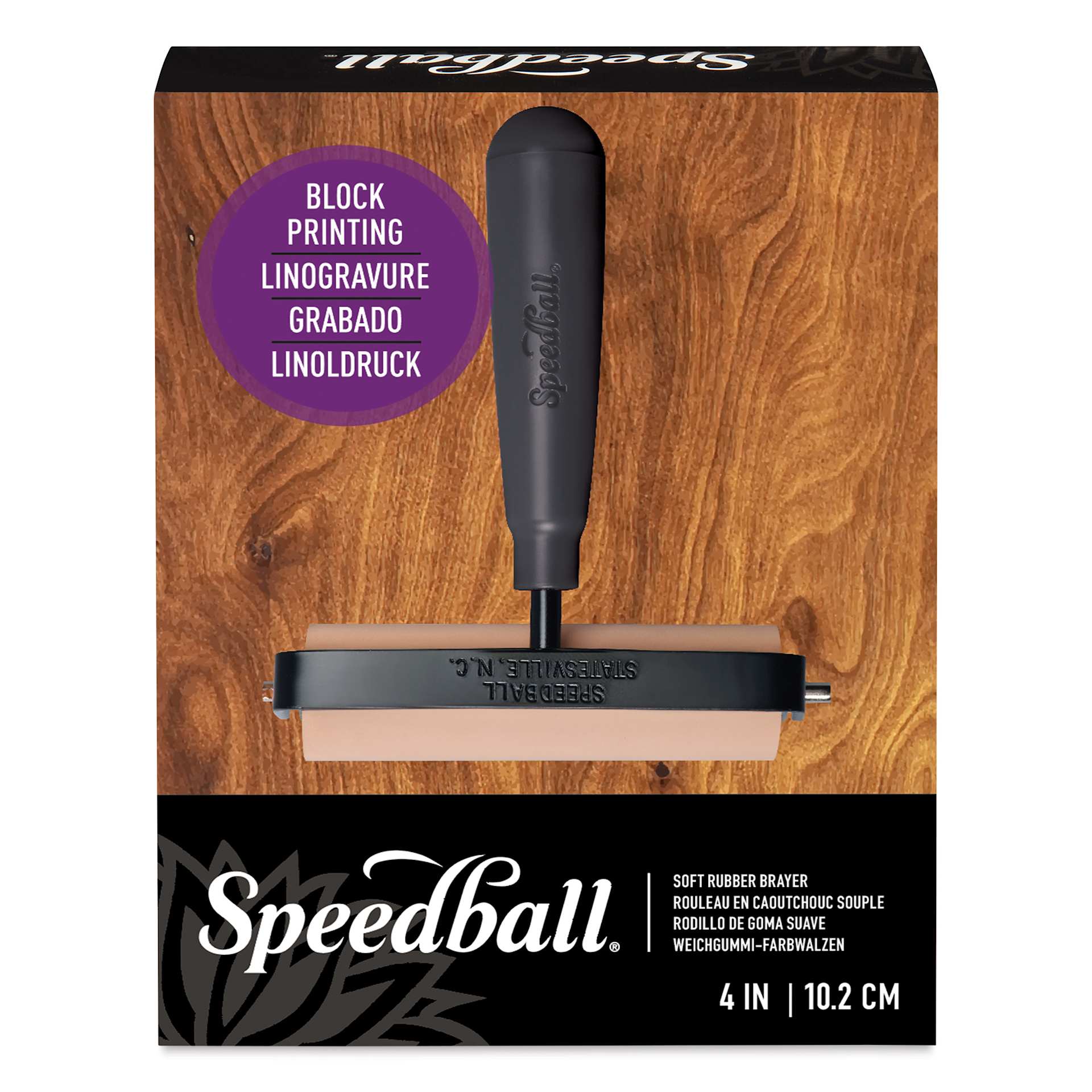 Speedball Soft Rubber Brayer - Black, 4", front of packaging