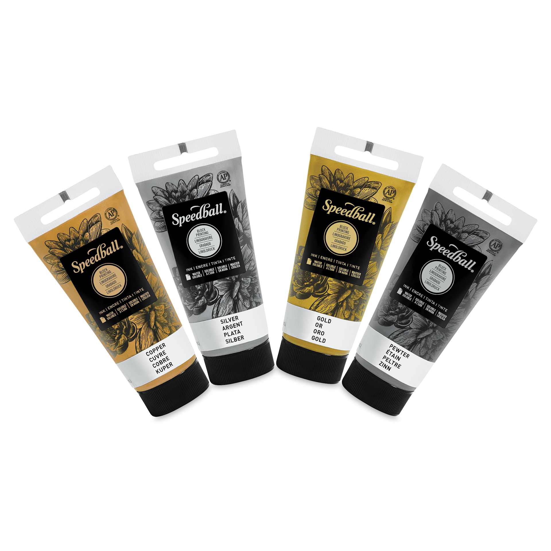 Speedball Block Printing Inks - Metallics, Set of 4, ink tubes fanned out