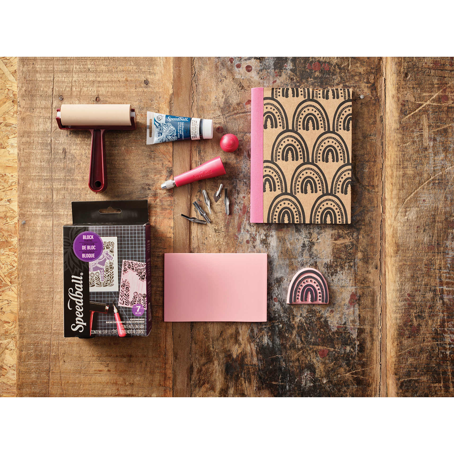 Speedball Water-Based Block Printing Starter Set, contents with decorated notebook