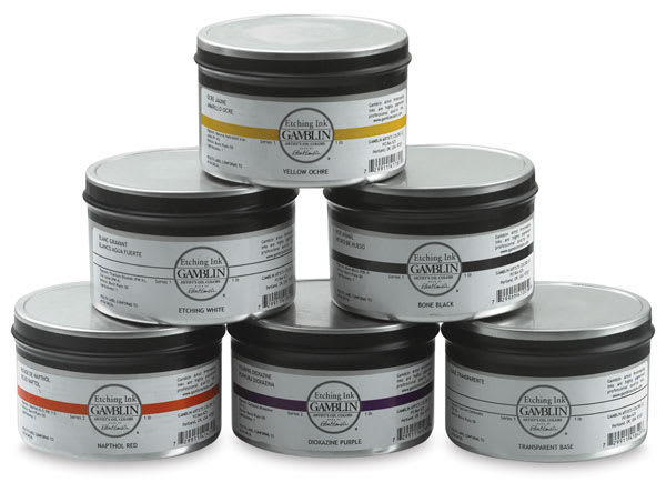 Gamblin Etching Inks - Front view of pyramid of 6 Tins of various colors of Inks Gamblin Etching Inks - Front view of pyramid of 6 Tins of various colors of Inks