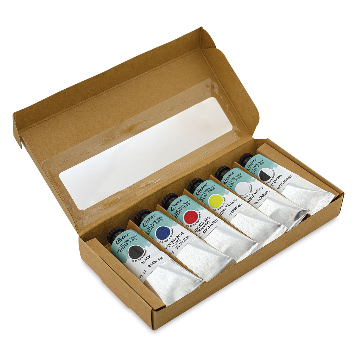 Cranfield Caligo Safe Wash Relief Ink - Set of 6, Assorted Colors, 75 ml, Tubes (Tubes in box, Lid open) Cranfield Caligo Safe Wash Relief Ink - Set of 6, Assorted Colors, 75 ml, Tubes (Tubes in box, Lid open)