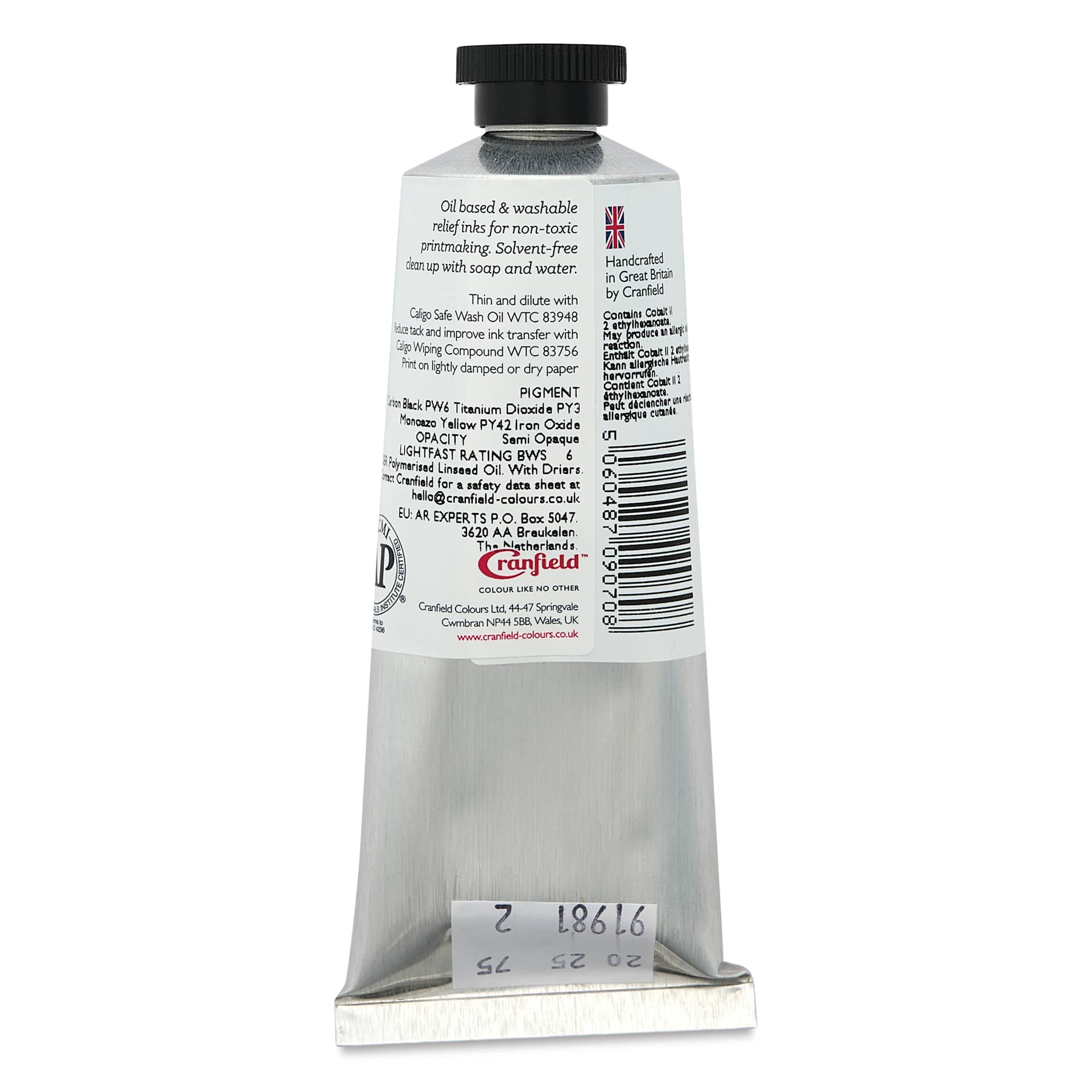 Cranfield Caligo Safe Wash Relief Ink - Mustard Yellow, 75 ml, back of tube