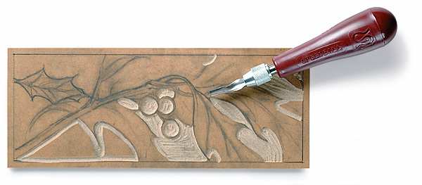 Blick Golden-Cut Linoleum - Holly branch in pencil on linoleum shown partially cut out