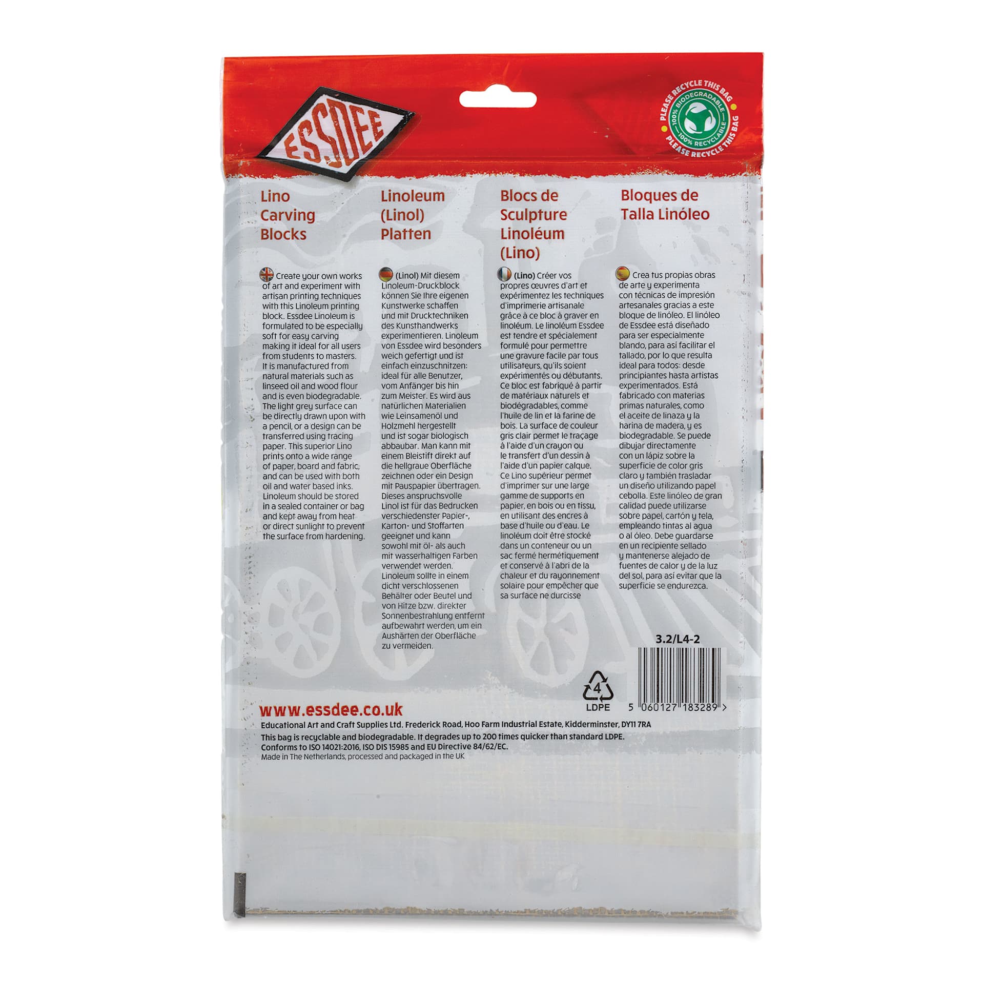 Essdee Lino Blocks - 12" x 8", Unmounted, Pkg of 2, back of packaging