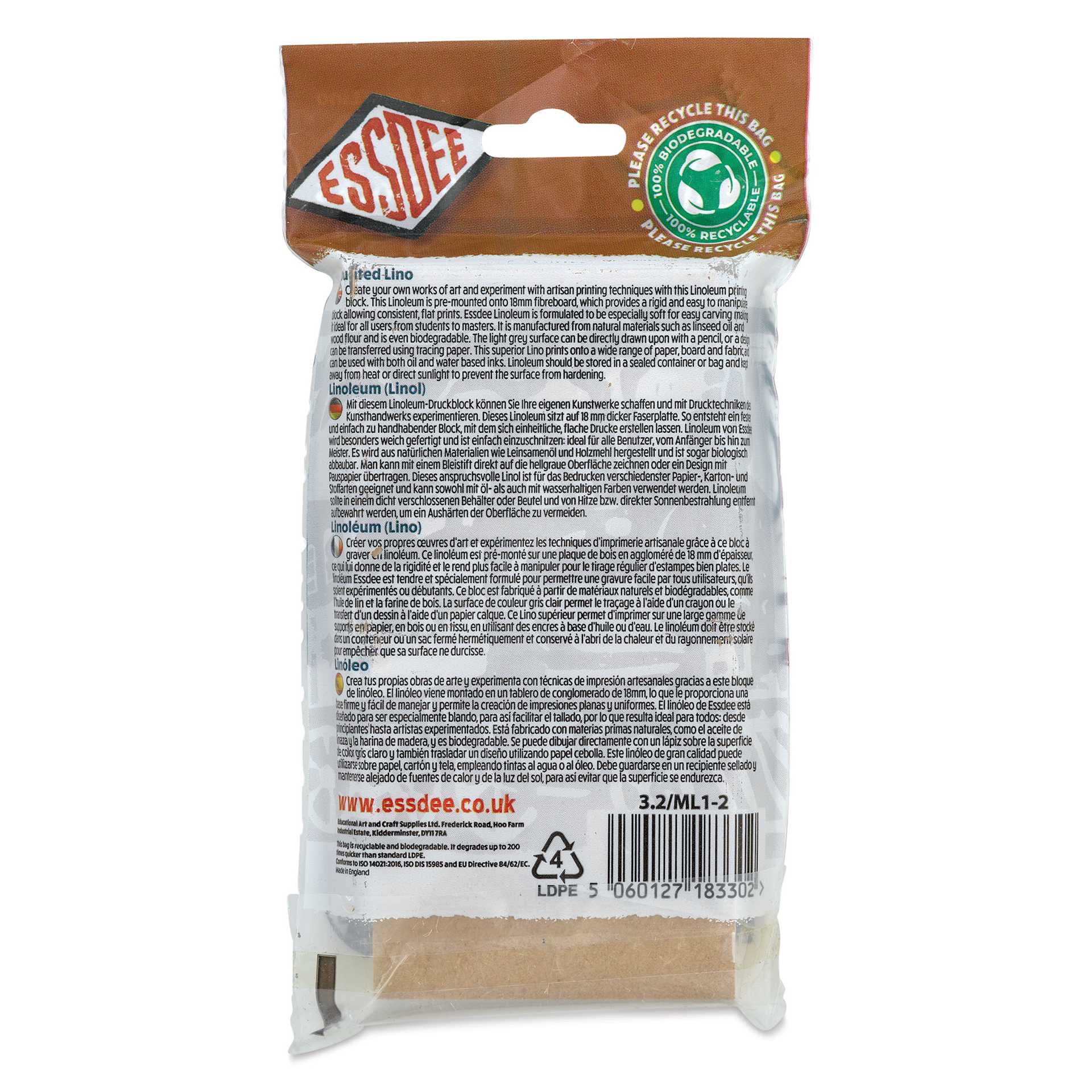 Essdee Mounted Lino Blocks - 3" x 3", Pkg of 2, back of packaging