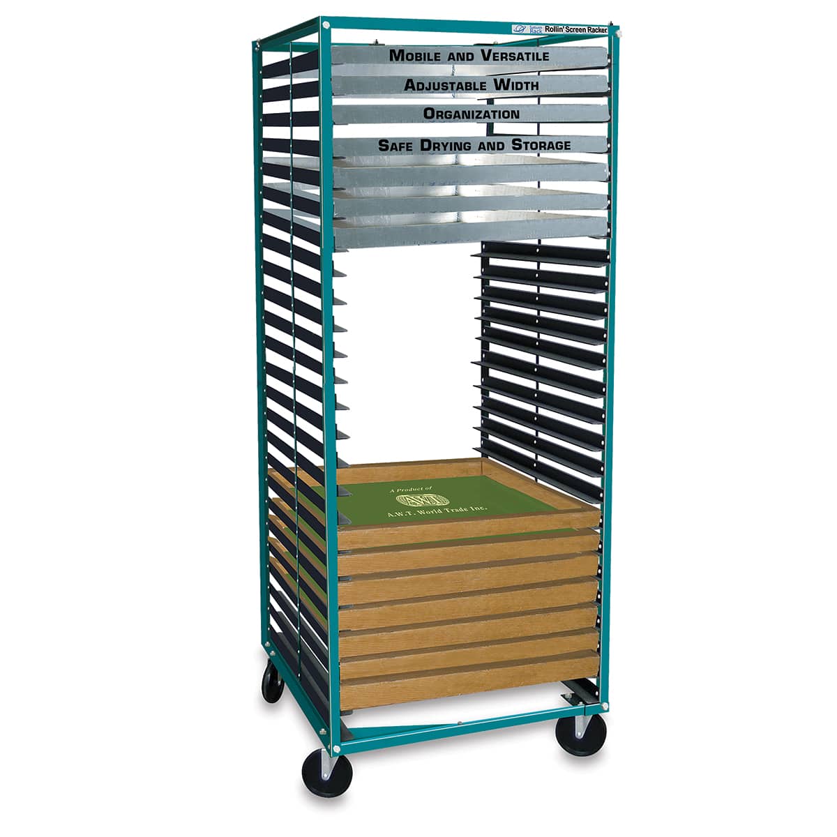 AWT Rollin' Screen Racker - Angled view of 25 shelf Screen Racker partially filled