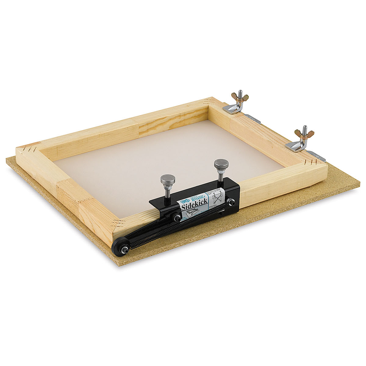 Screen Print Frame Sidekick Support - Shown lowered on table attached to frame
