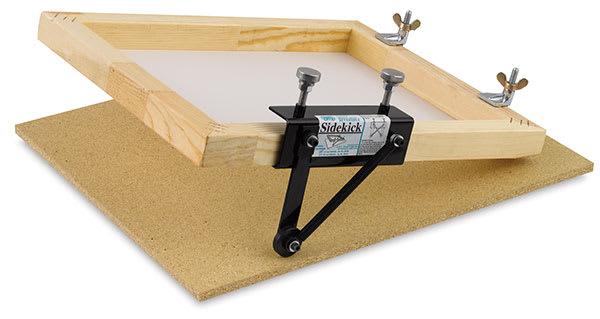 Screen Print Frame Sidekick Support - Shown raised on table attached to frame
