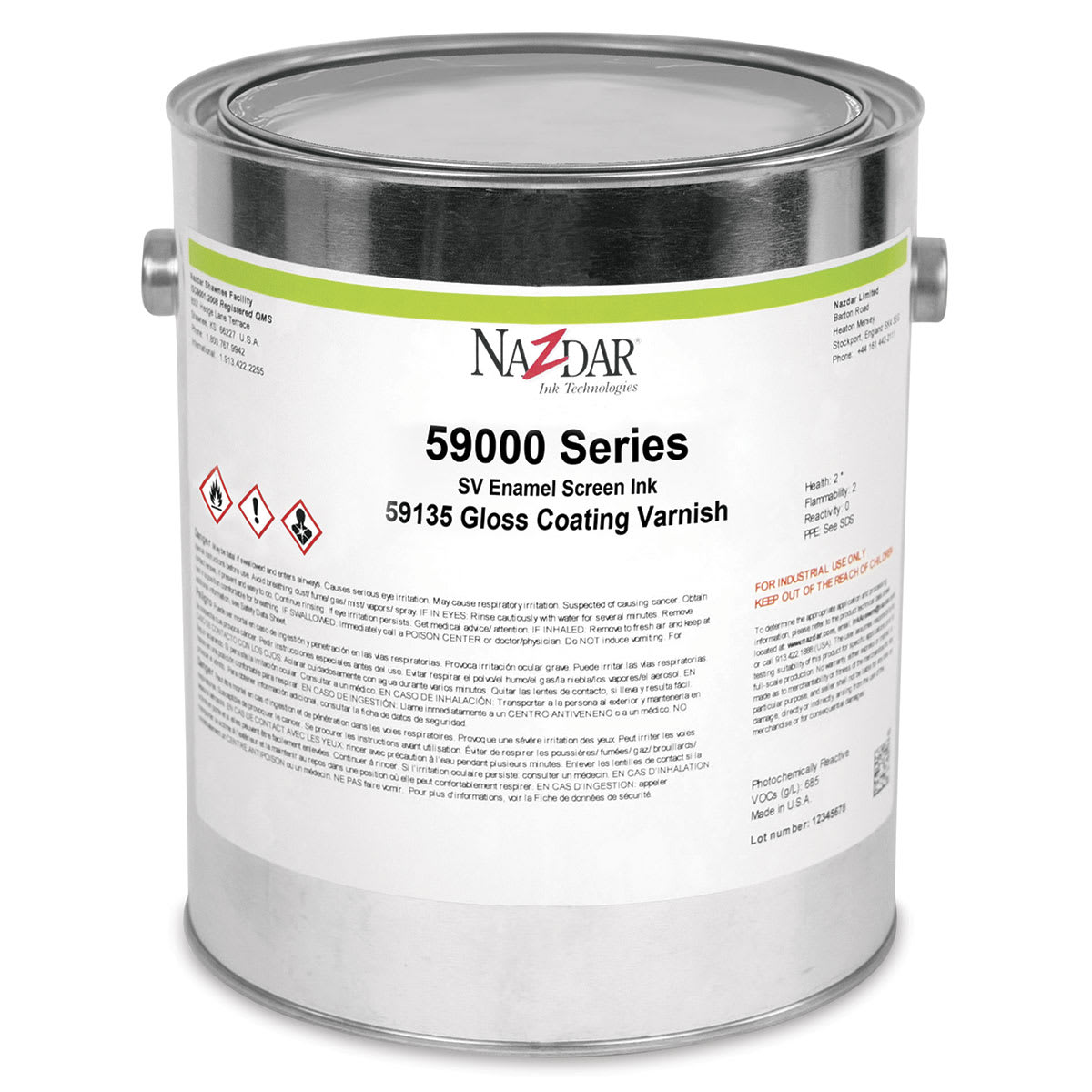 Nazdar 59000 Series Gloss Coating Varnish - Front view of 1 Gallon Tub