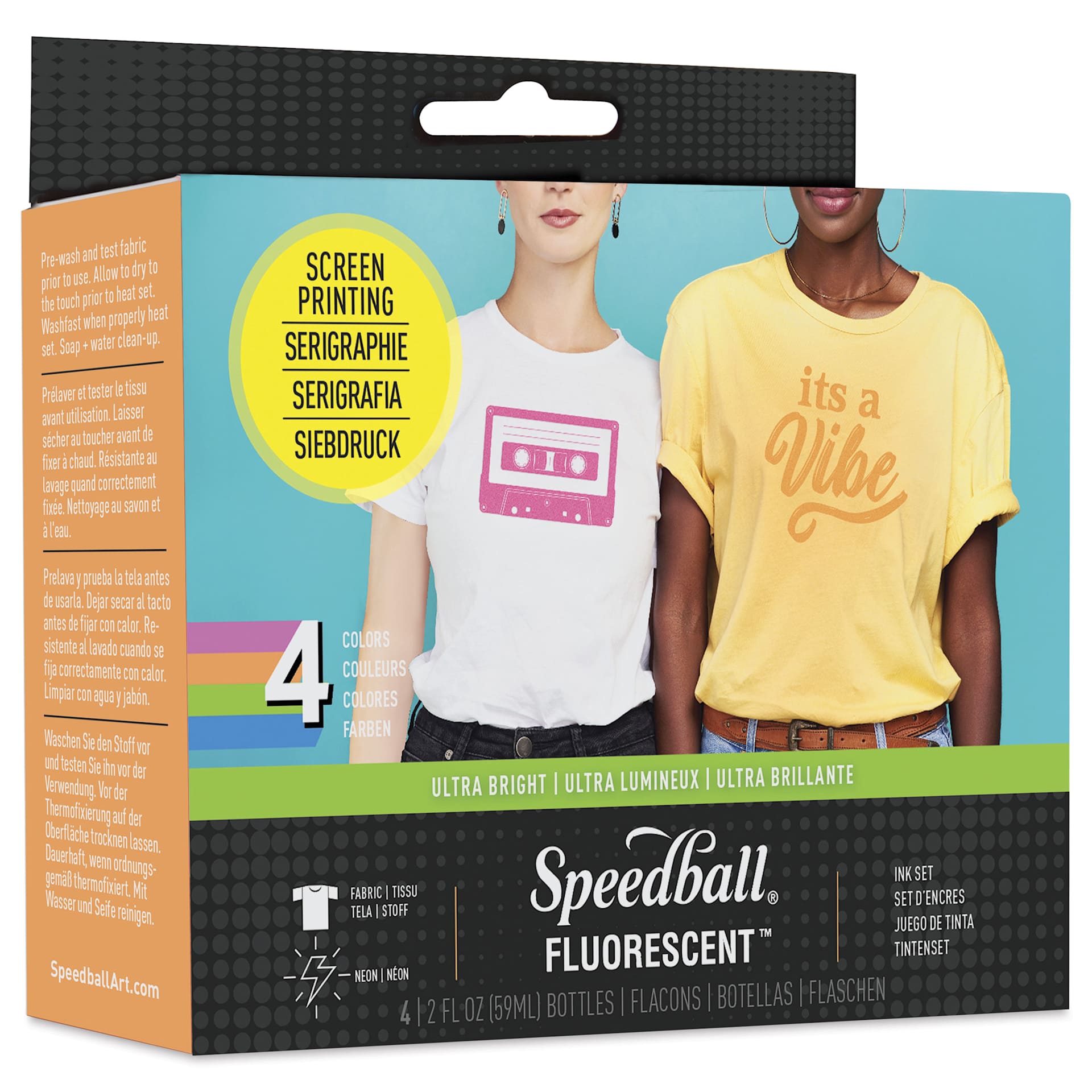 Speedball Fabric Screen Printing Ink - Fluorescent, Set of 4, 2 oz, front of packaging