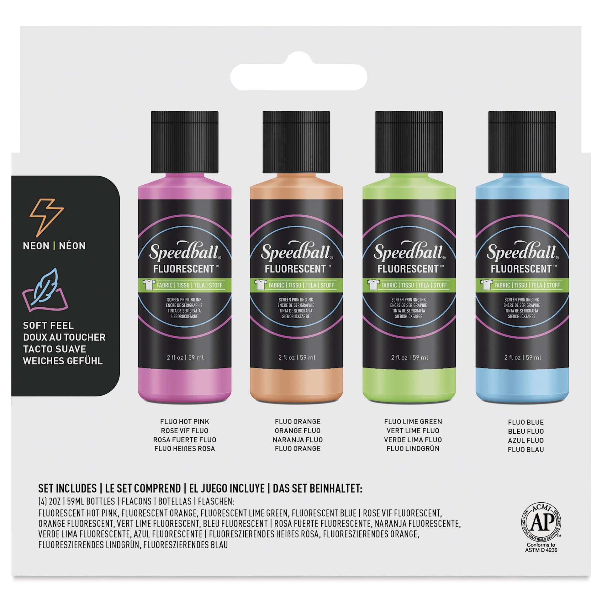 Speedball Fabric Screen Printing Ink - Fluorescent, Set of 4, 2 oz,back of packaging