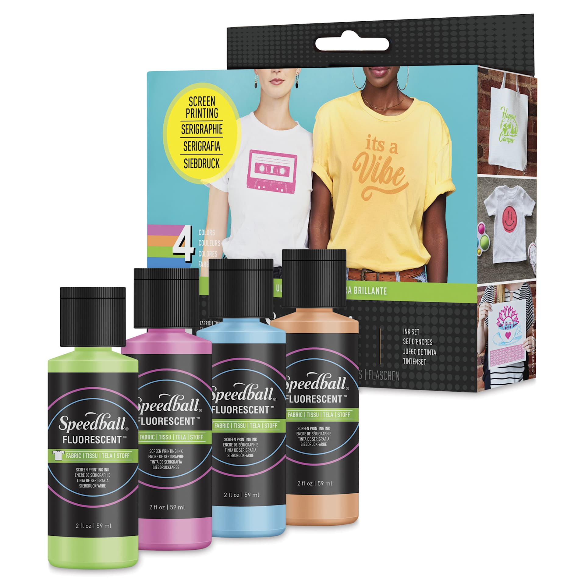 Speedball Fabric Screen Printing Ink - Fluorescent, Set of 4, 2 oz, Bottles with packaging