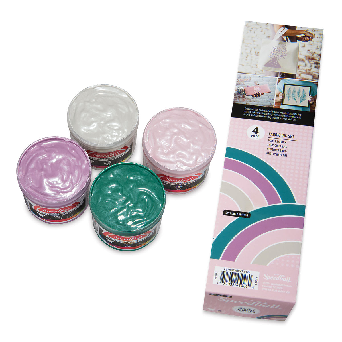 Speedball Fabric Screen Printing Ink - Polished Pastel Colors, Set of 4, 4 oz, Jars (Shown with packaging, Lids off jars)