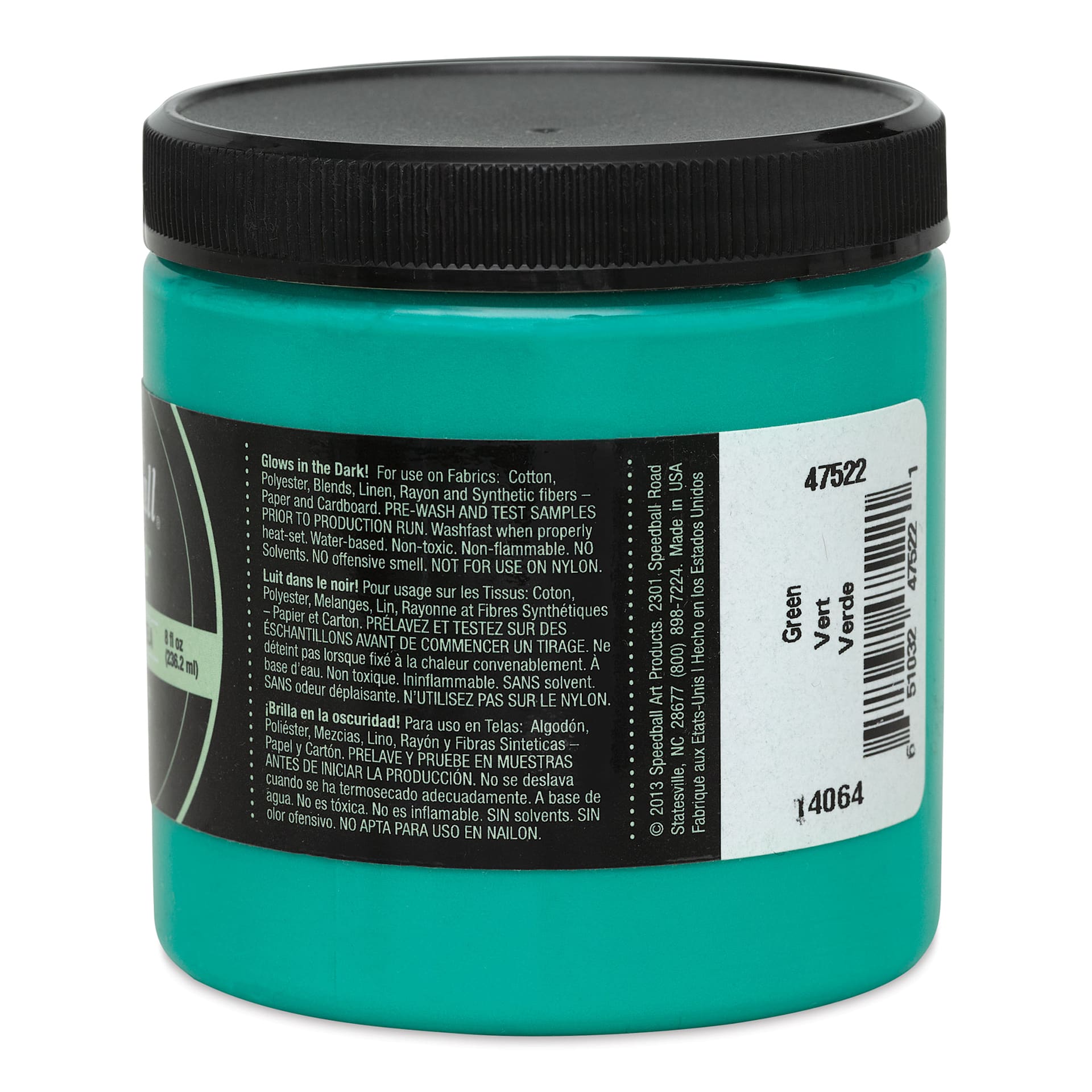Speedball Night Glo Fabric Screen Printing Ink - Green, 8 oz, Jar (Right side of label)