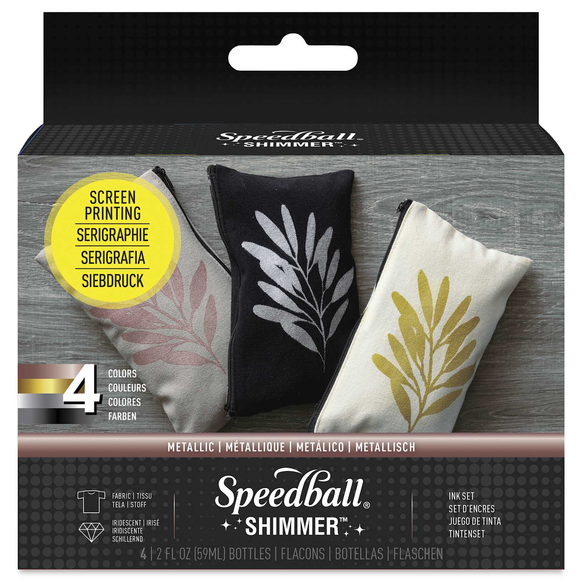 Speedball Fabric Screen Printing Ink - Shimmer Colors,  Set of 4, 2 oz, front of packaging