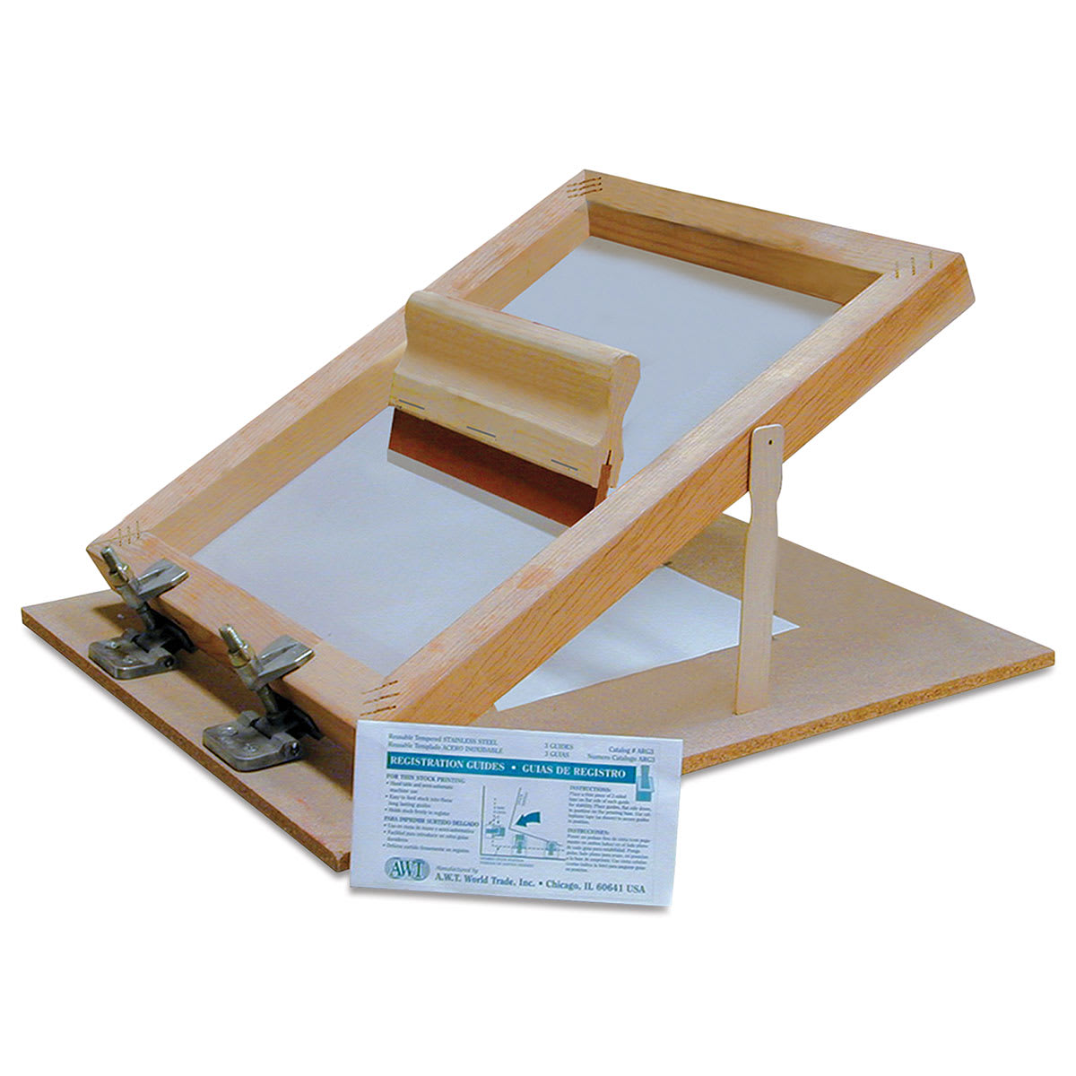 AWT Professional-Grade Screen Printing Unit - Angled view with squeegee and registration guide