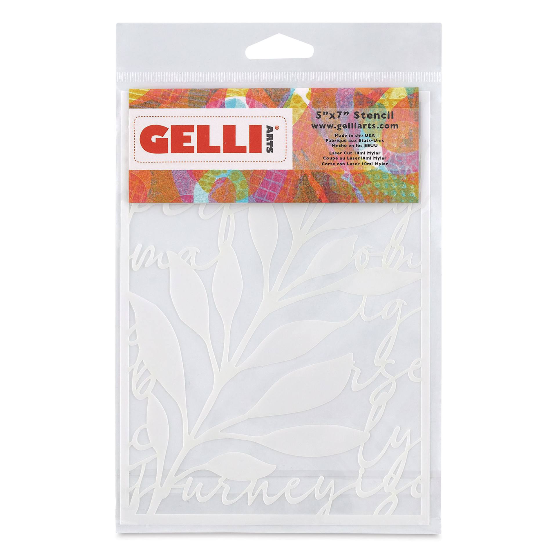 Gelli Arts Stencil - Leaves Script, 5" x 7", front of packaging
