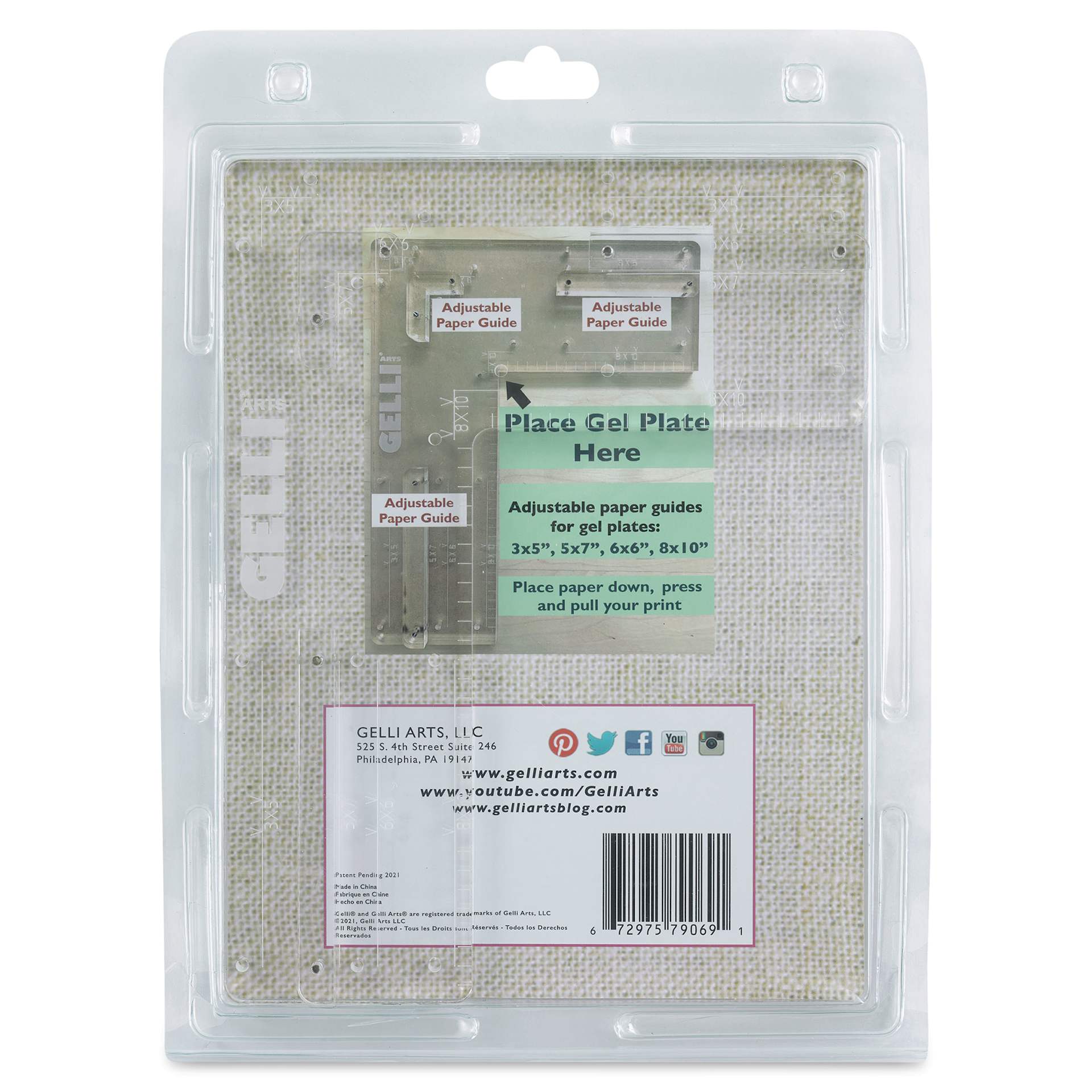 Gelli Arts Perfect Placement Tool - 10"W x 13-1/2"L x 1"H (Back of packaging)