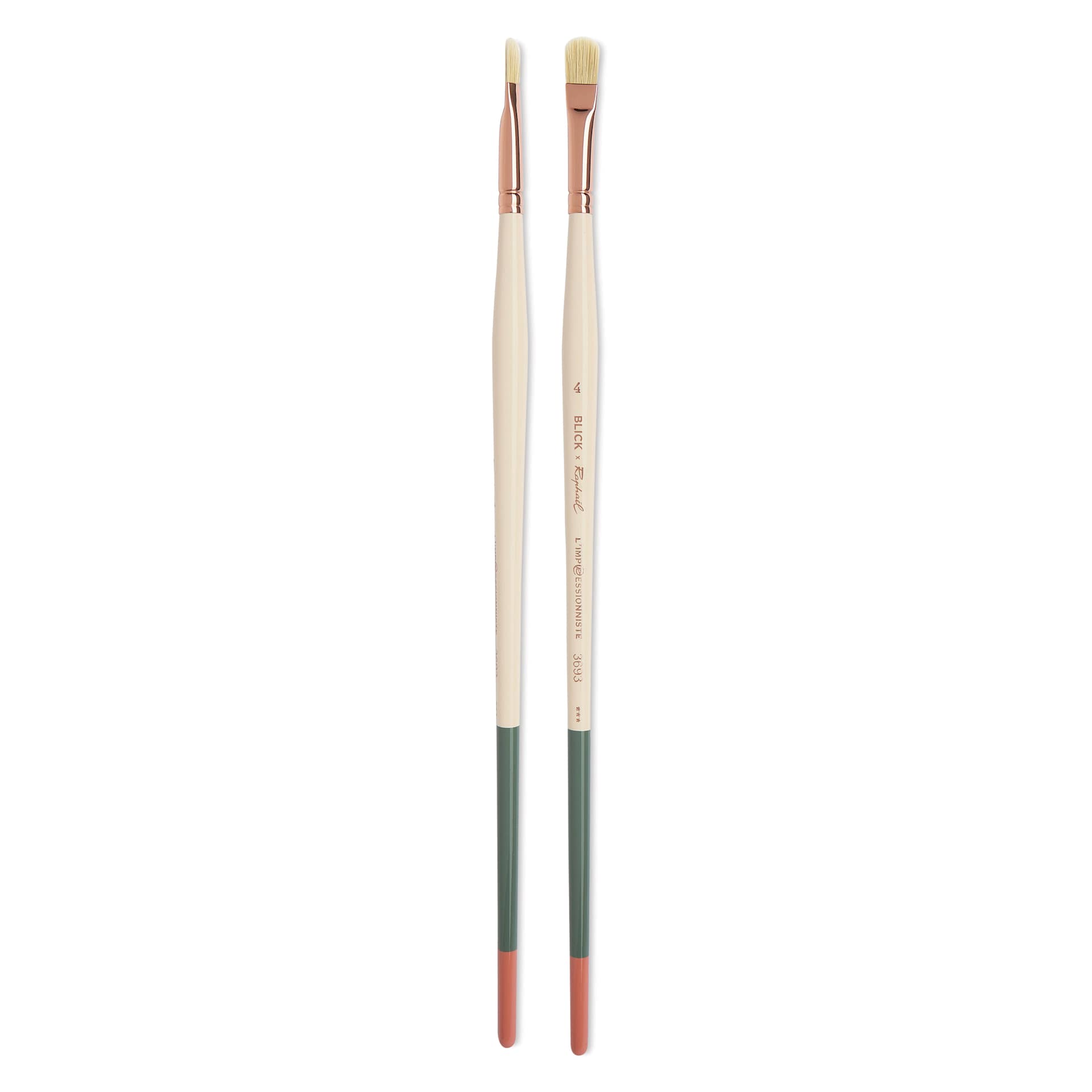 Blick x Raphaël L'Impressionniste Synthetic Bristle Brush - D-Brush, Size 4, Long Handle, side view and front view