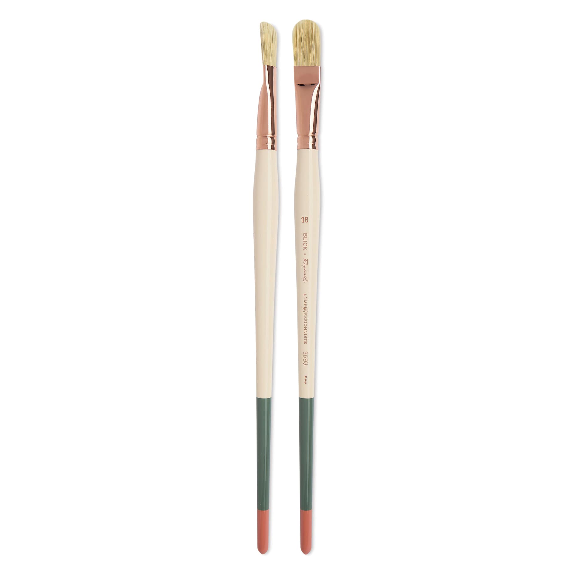 Blick x Raphaël L'Impressionniste Synthetic Bristle Brush - D-Brush, Size 16, Long Handle, side view and front view