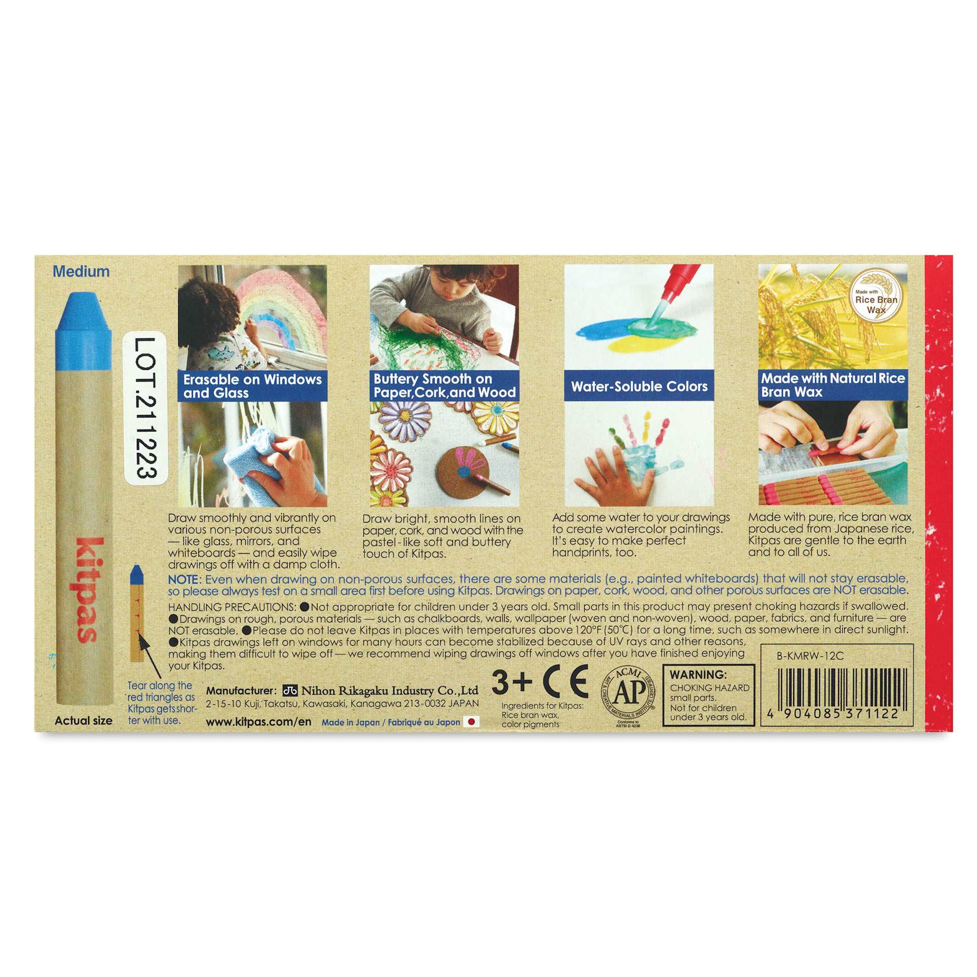 Kitpas Rice Wax Crayons - Assorted, Set of 12, back of packaging