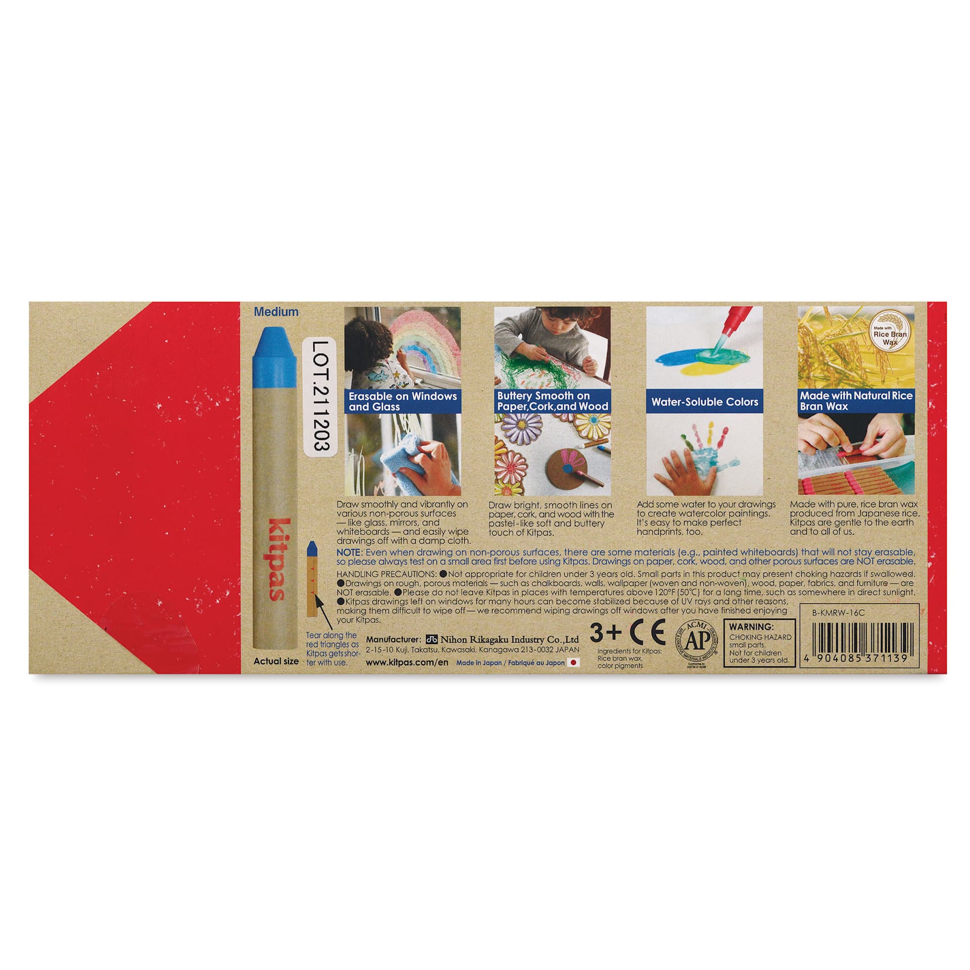 Kitpas Rice Wax Crayons - Assorted, Set of 16, back of packaging