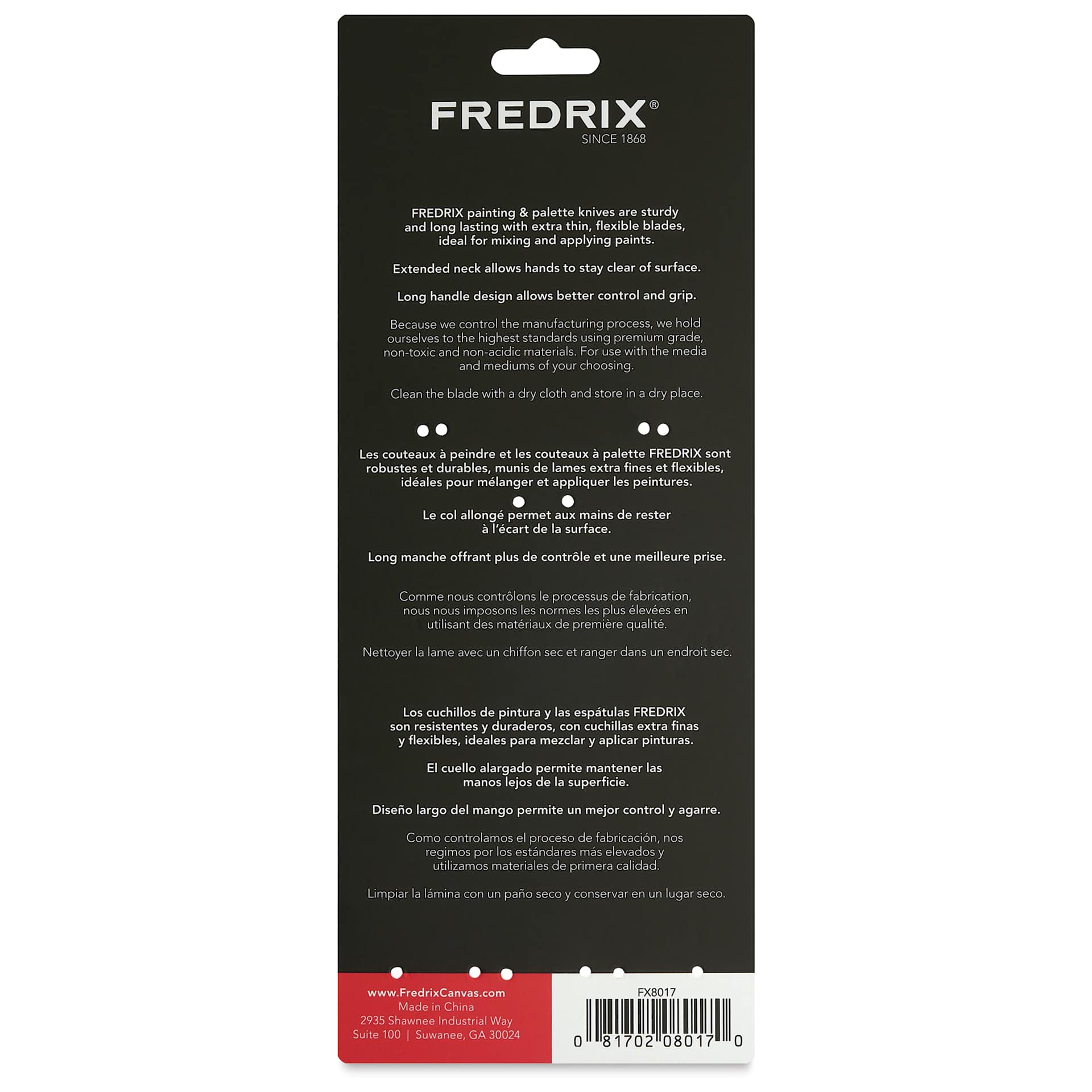 Back of Fredrix Painting Knives - Set of 3 package