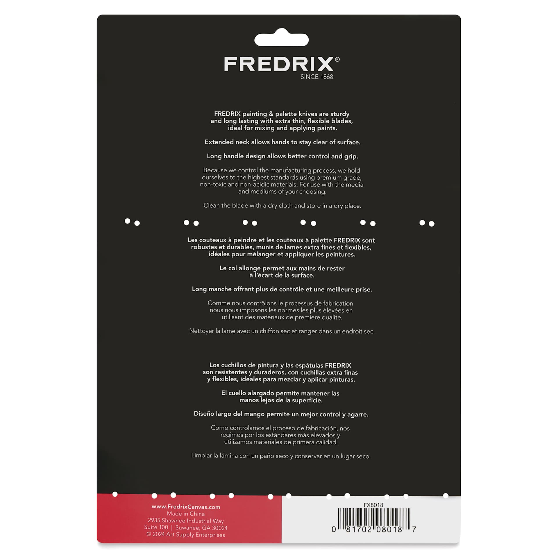 Back of the Fredrix Painting Knives - Set of 6 package