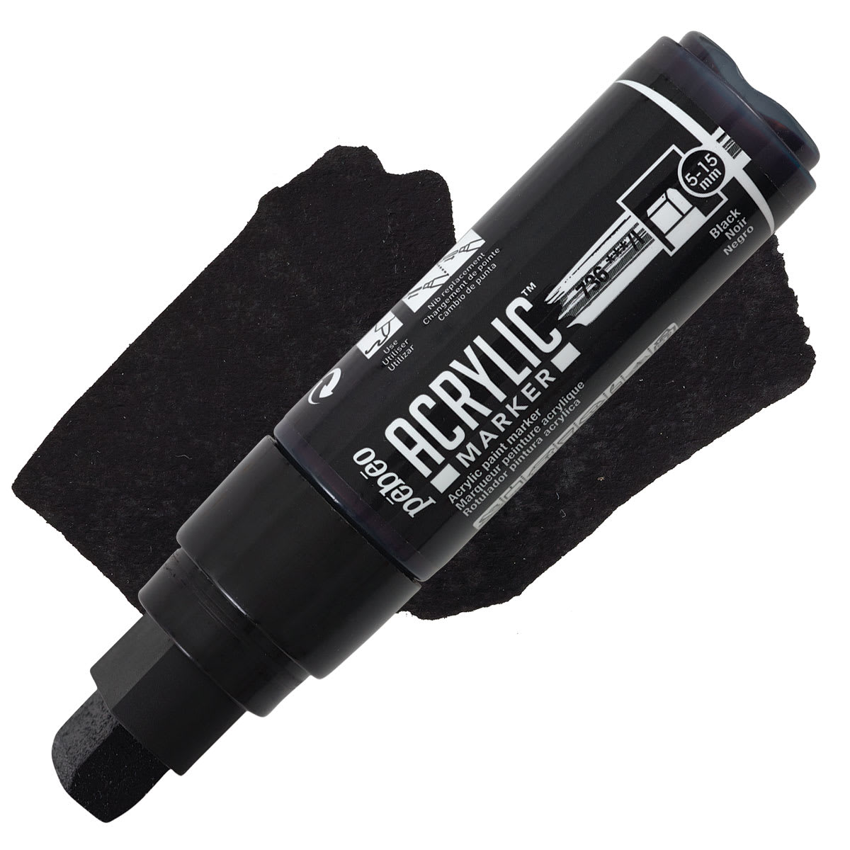 Pebeo Acrylic Marker - Black, 5-15 mm, Flat Nib marker and swatch