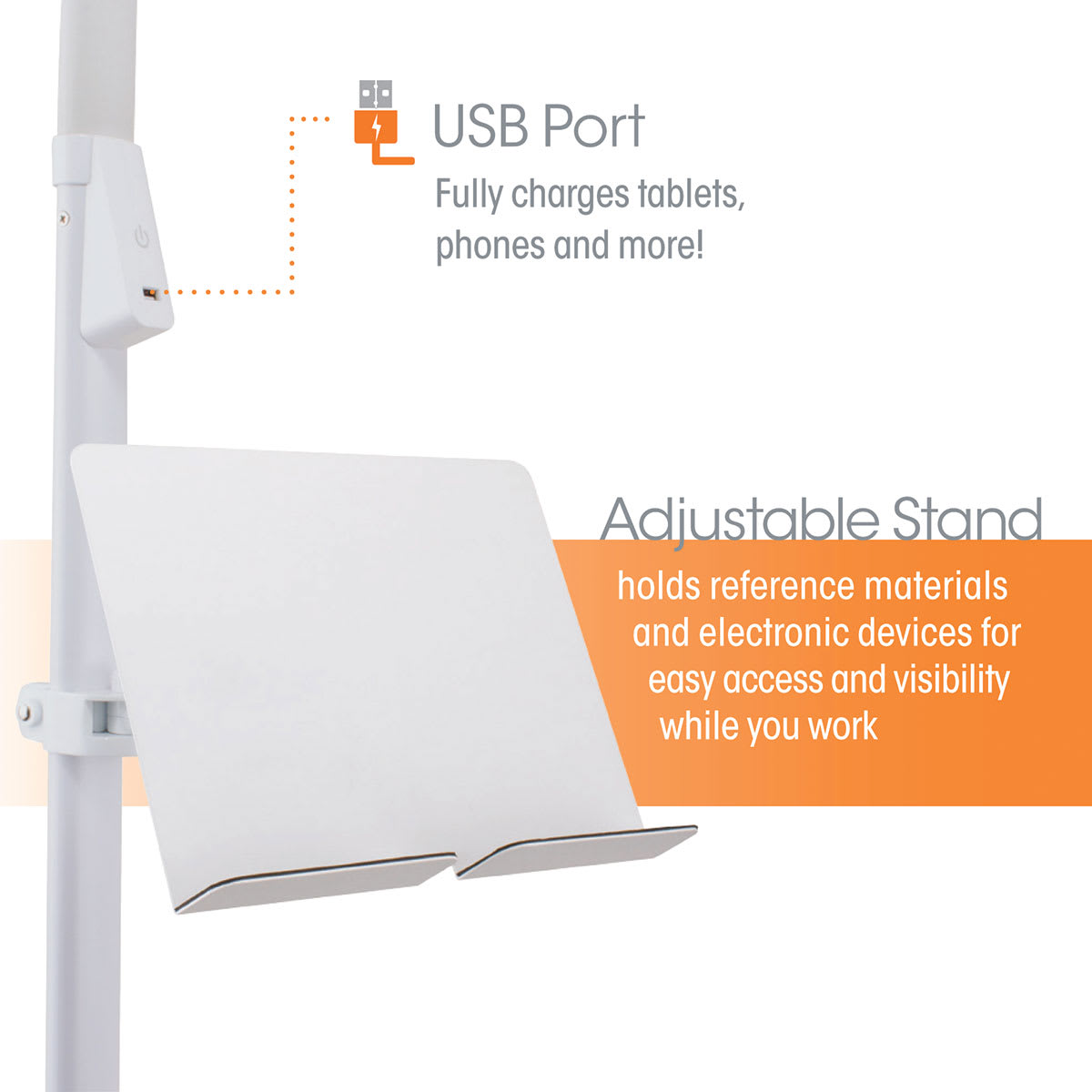 OttLite Dual Shade LED Floor Lamp - Closeup of Stand and USB port on lamp