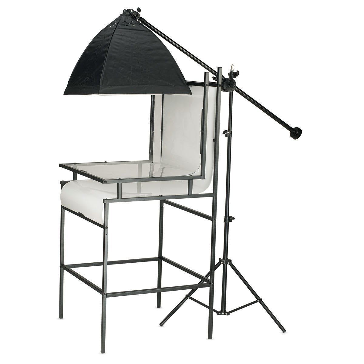 Smith-Victor Floor Stand Photo Shooting Table Complete Kit - 3 LED Softbox Lights (Shooting table shown with one LED softbox light on boom arm above shooting table) 