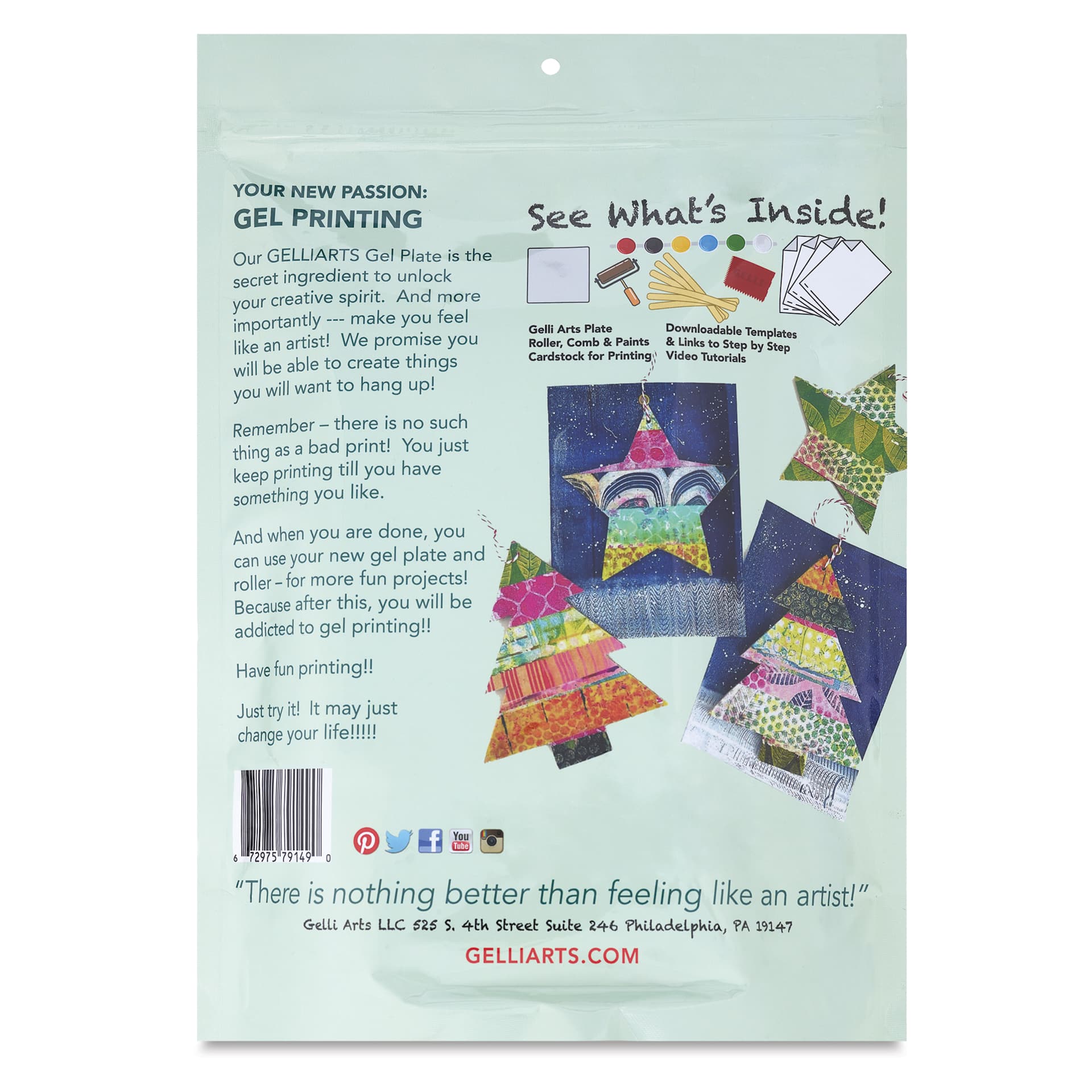 Gelli Arts Christmas Cards DIY Printing Kit, back of packaging