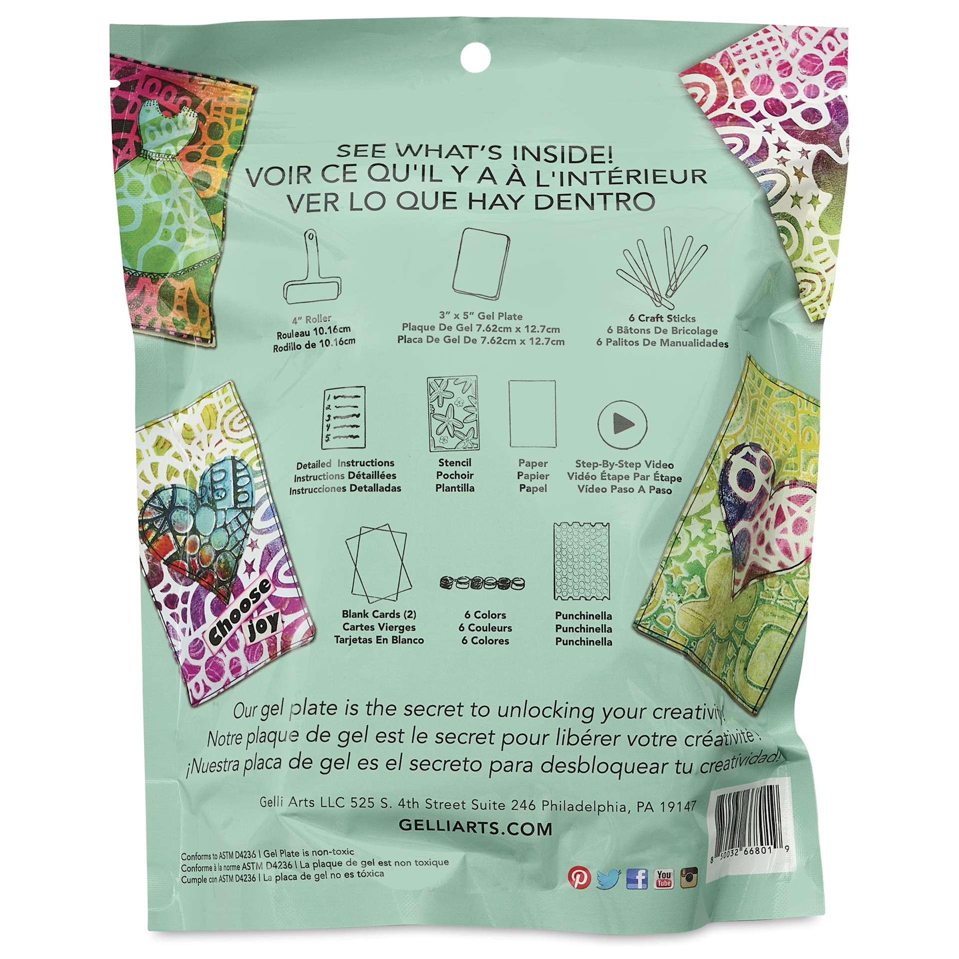 Gelli Arts Handmade Card Printing Kit, back of packaging