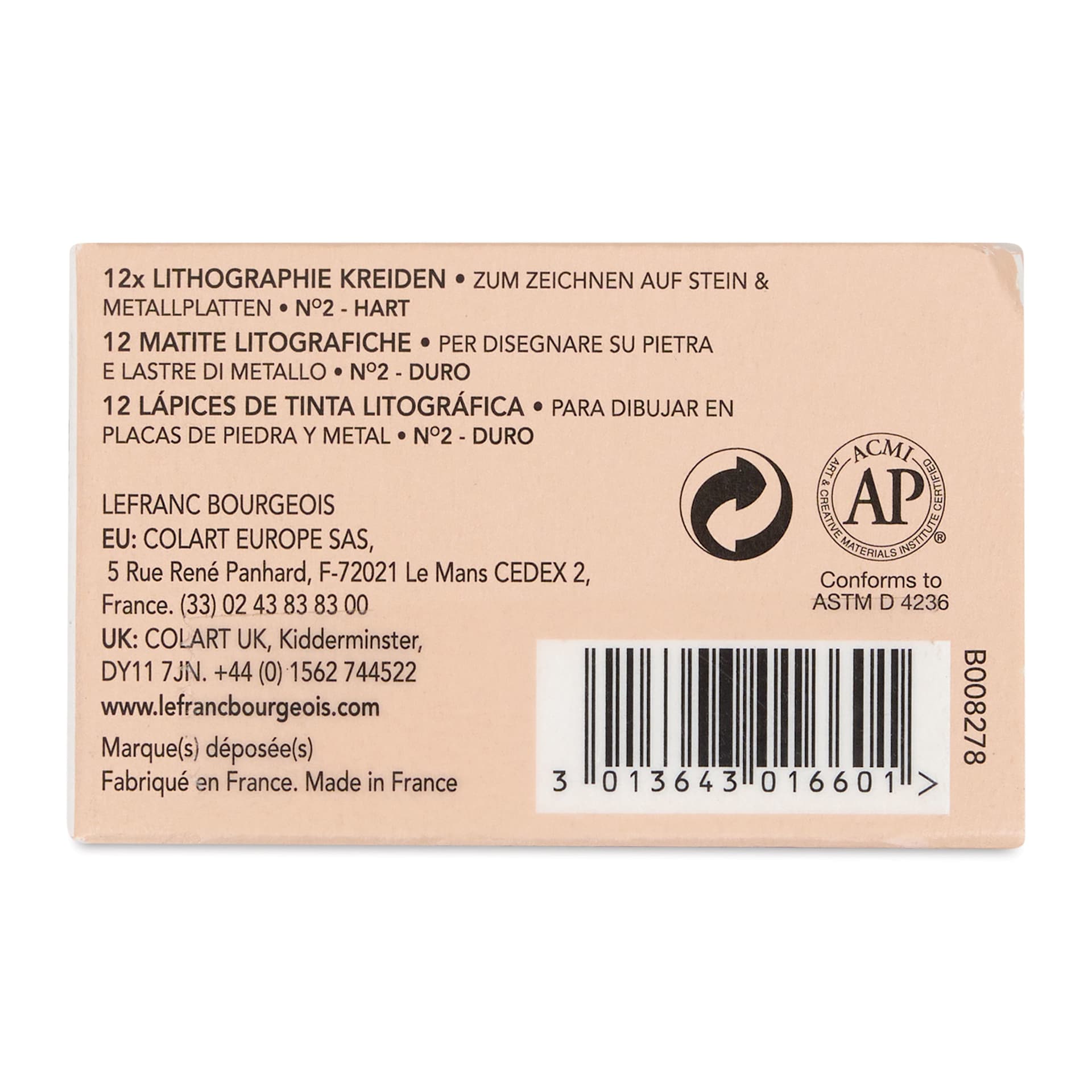 Charbonnel Lithographic Crayons - No 2 Hard, Pkg of 12, back of package