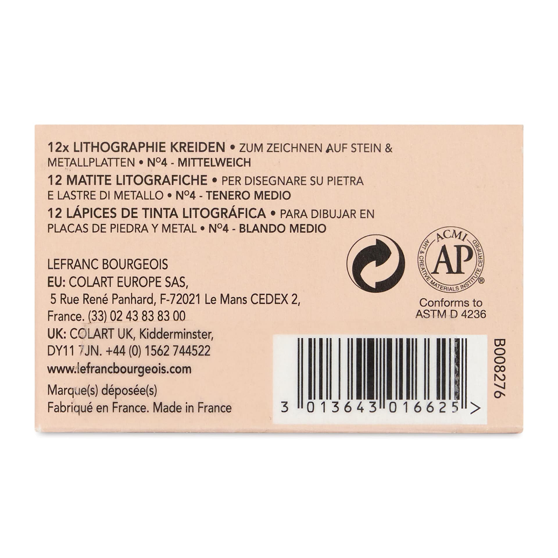 Charbonnel Lithographic Crayons - No 4 Medium Soft, Pkg of 12, back of package