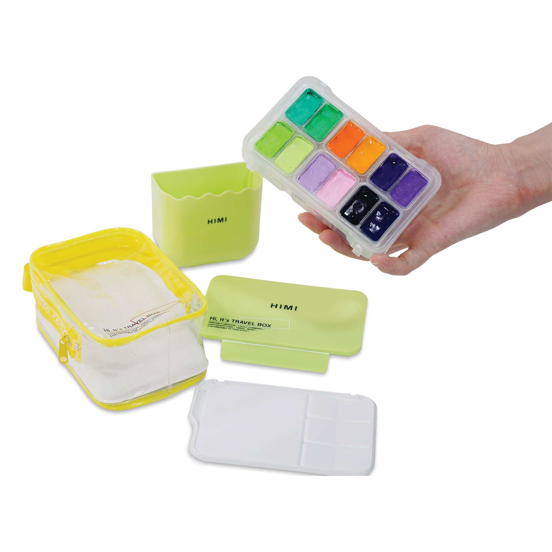 Himi Empty Travel Box Gouache Set shown with paints in the palette (paints not included)