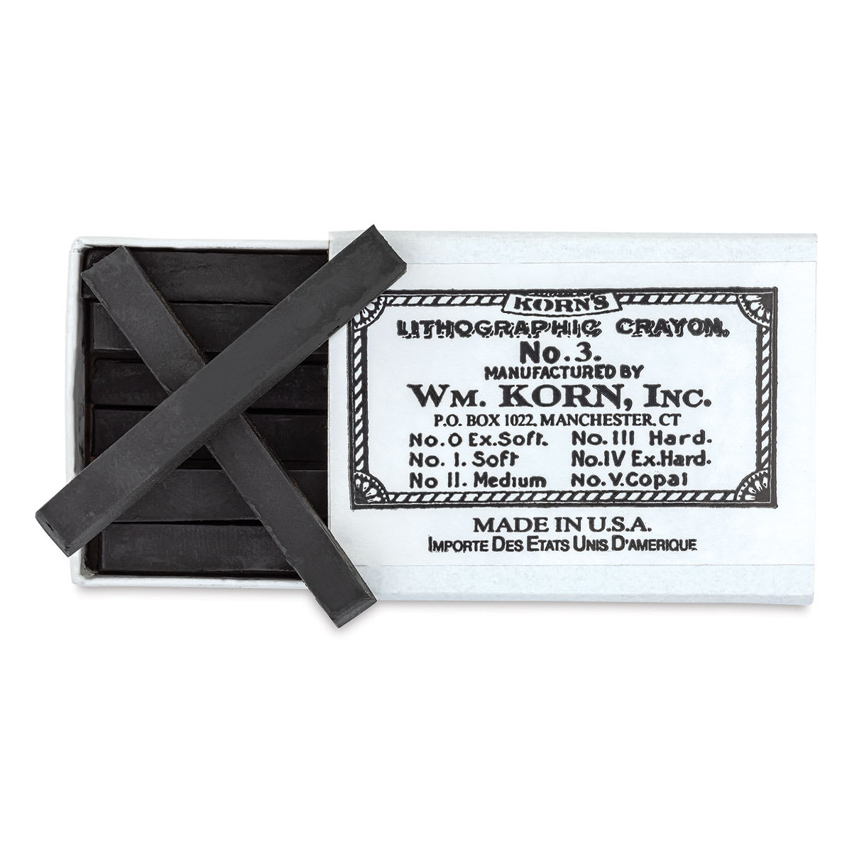 Korn's Lithographic Crayons - Box of 12, #3 Hard - top view with box slid open