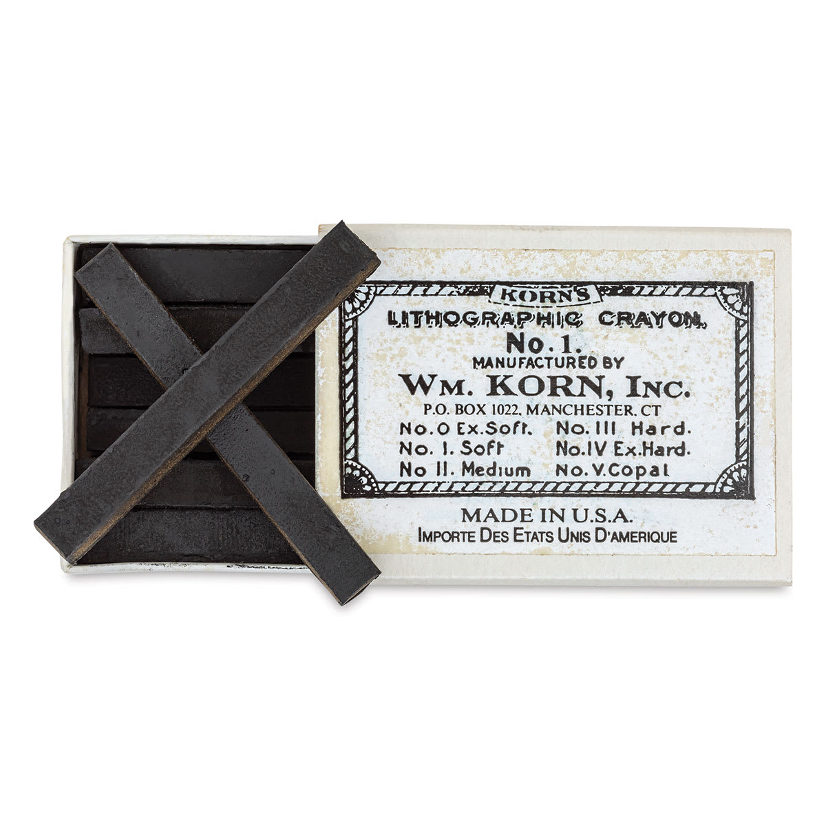 Korn's Lithographic Crayons - Box of 12, #1 Soft - with box slid half open