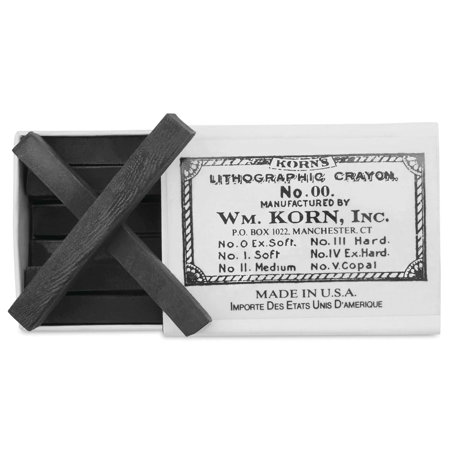 Korn's Lithographic Crayons - Box of 12, #00 Extremely Soft, two sticks outside of the packaging