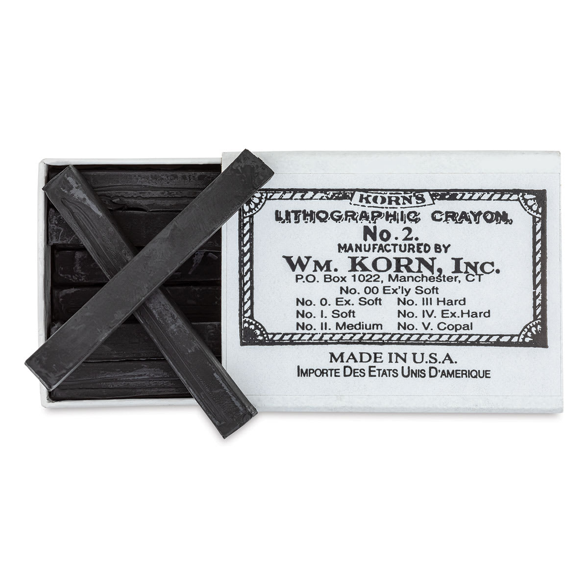 Korn's Lithographic Crayons - Box of 12, #2 Medium - top view with box slid half open