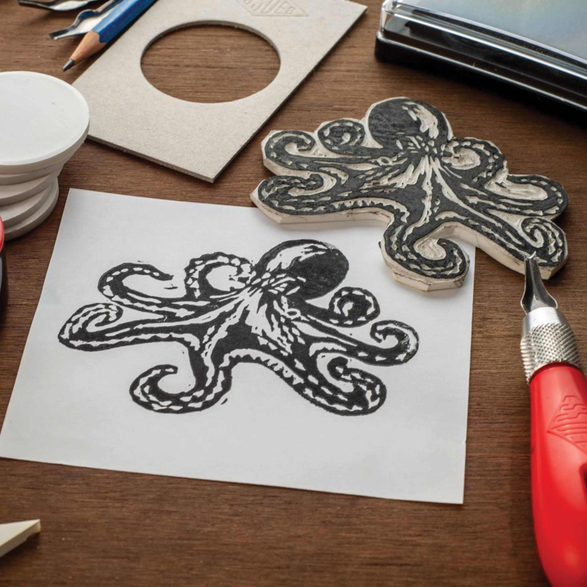 Essdee MasterCut Stamp Carving Kit (Octopus stamped onto paper)