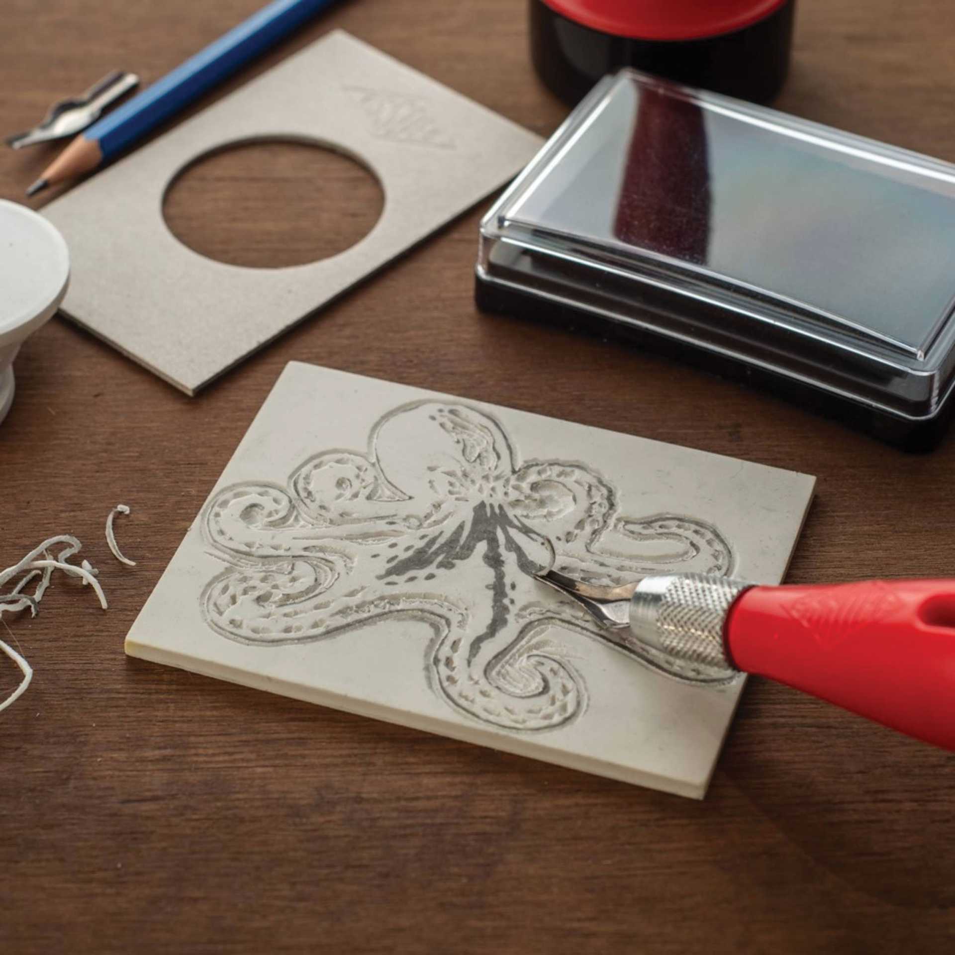 Essdee MasterCut Stamp Carving Kit (Octopus being carved)