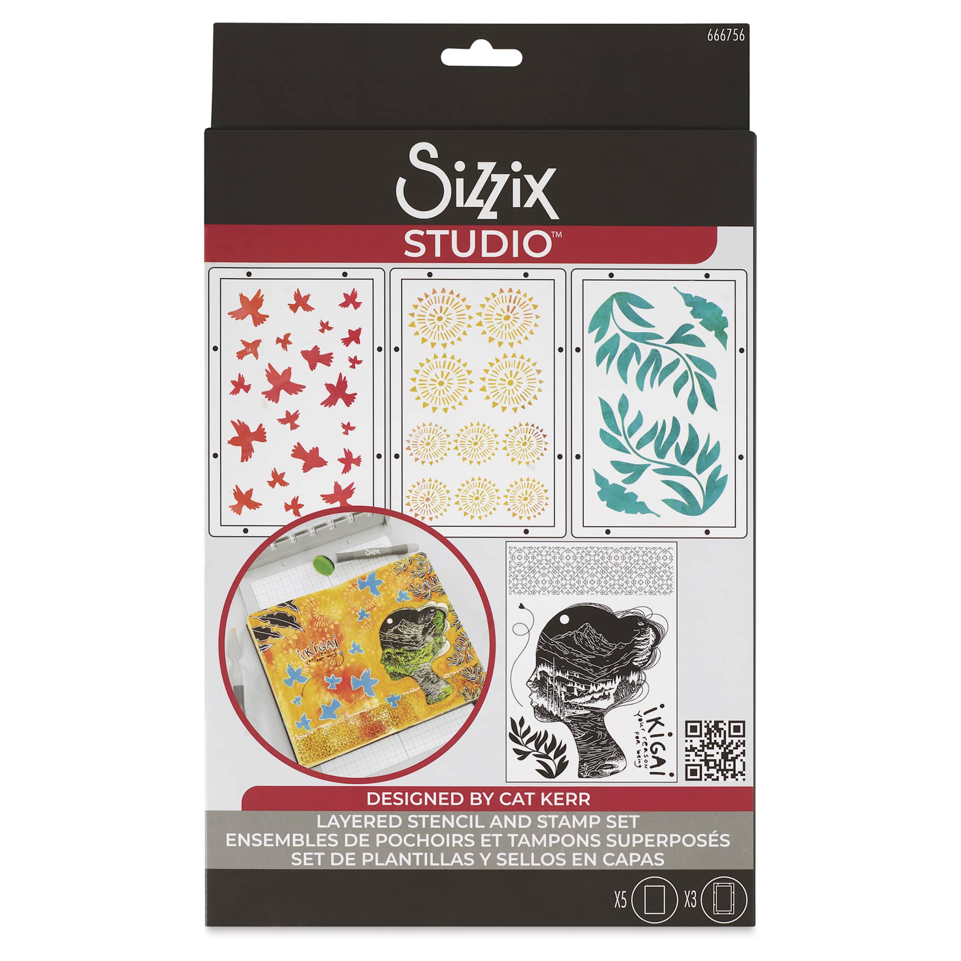 Sizzix Studio Layered Stencil and Stamp Set - Set of 8, Ikigai front of packaging