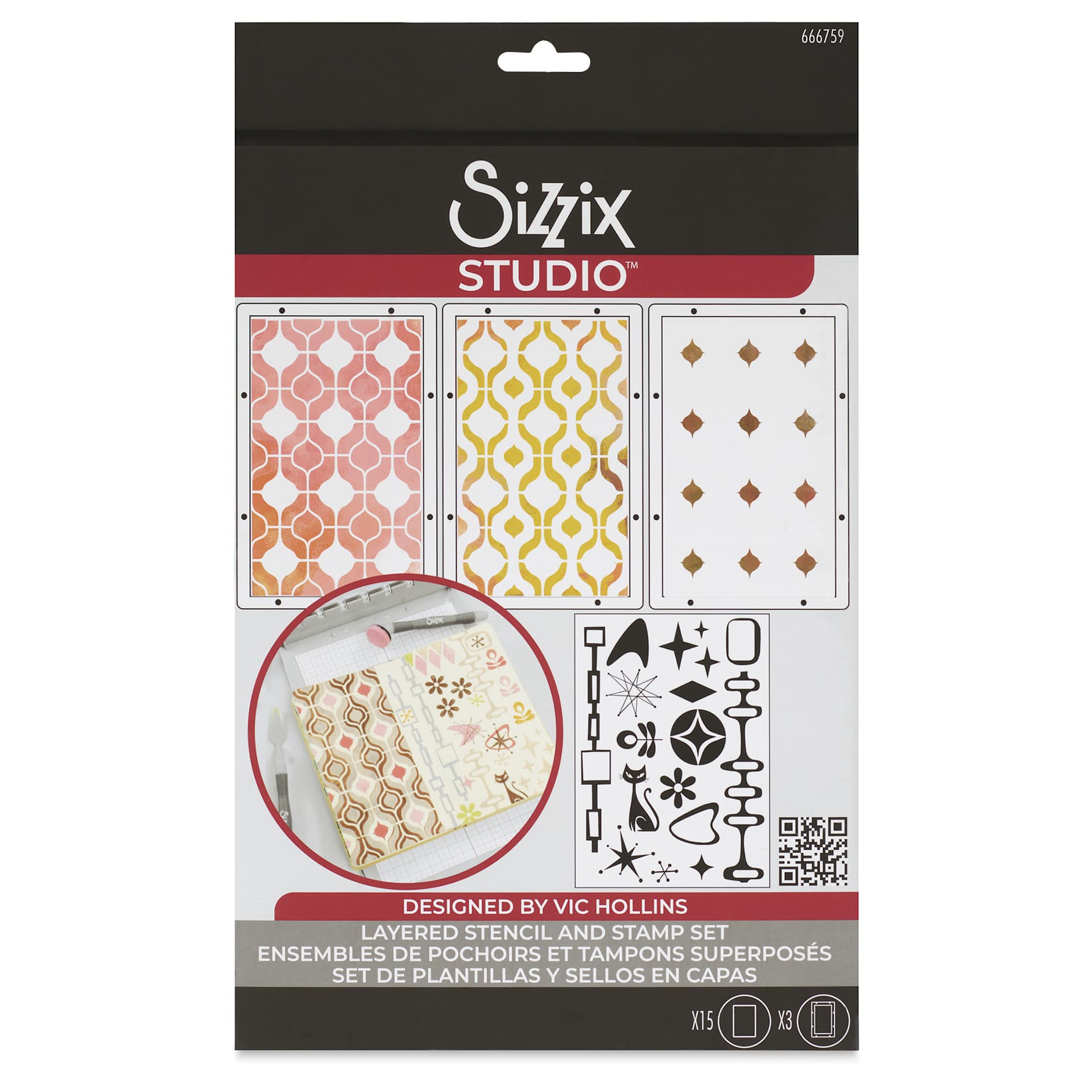 Sizzix Studio Layered Stencil and Stamp Set - Set of 18, Retro front of packaging