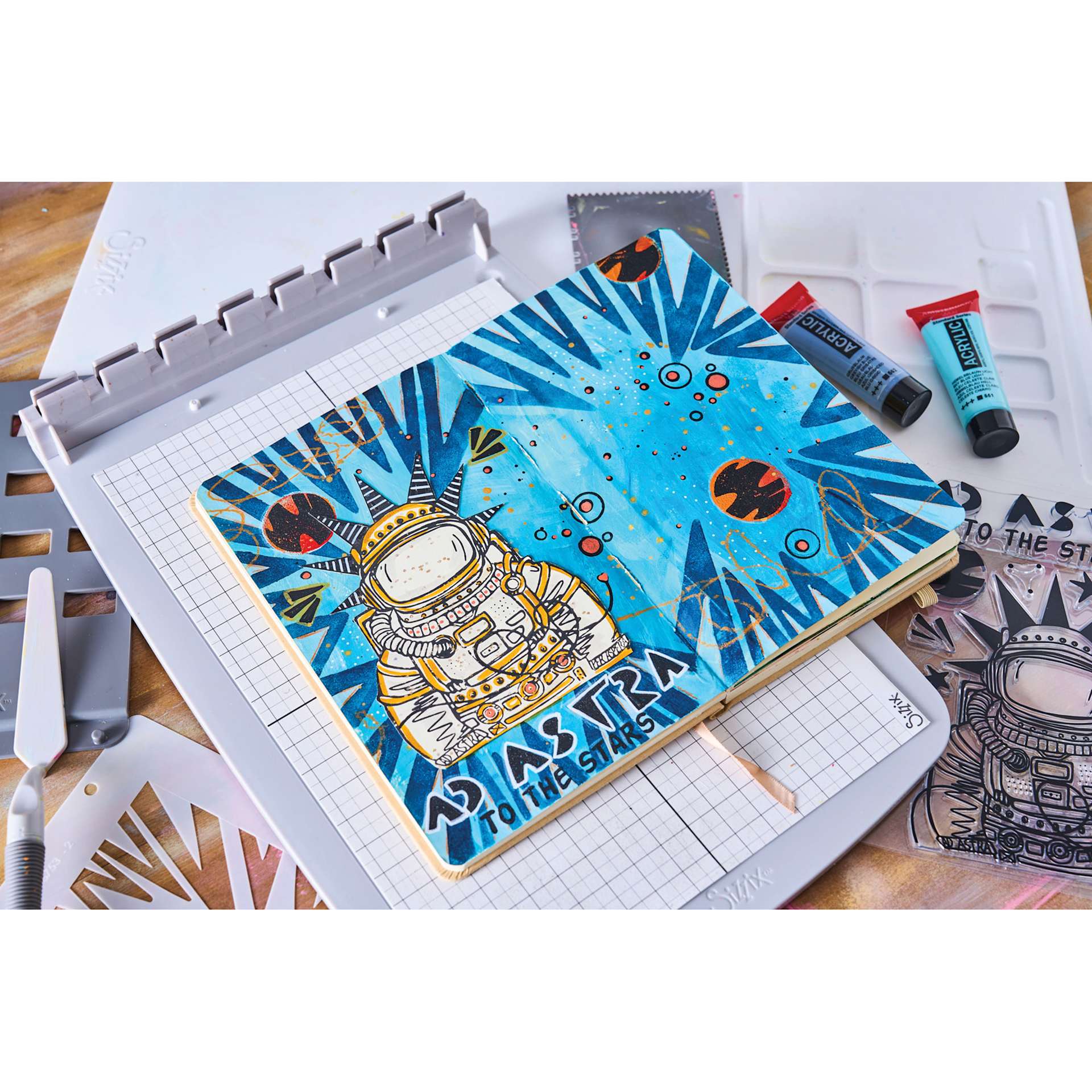 Sizzix Studio Layered Stencil and Stamp Set - Set of 13, Ad Astra showing completed project