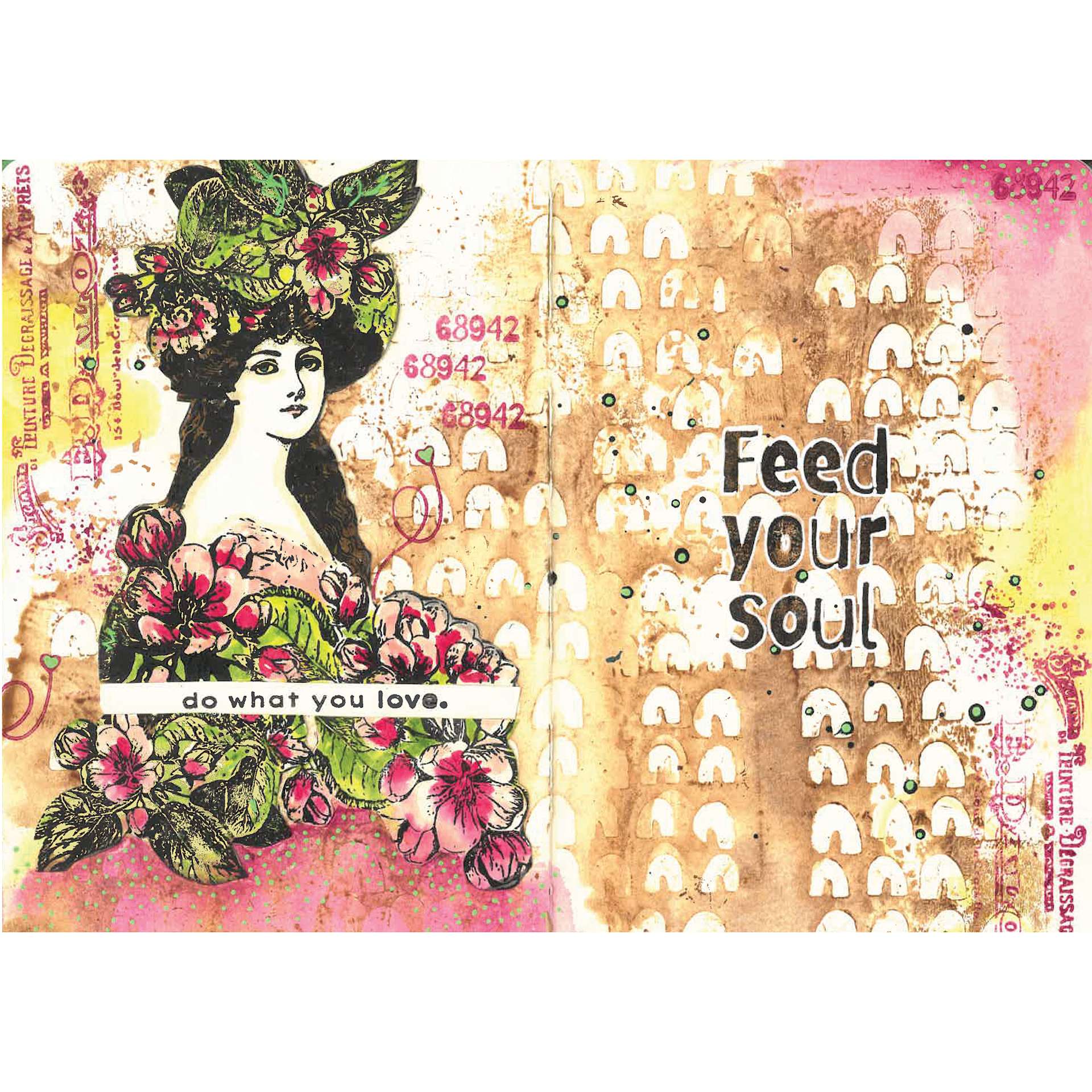 Sizzix Studio Layered Stencil and Stamp Set - Set of 14, Feed your Soul close up of completed project