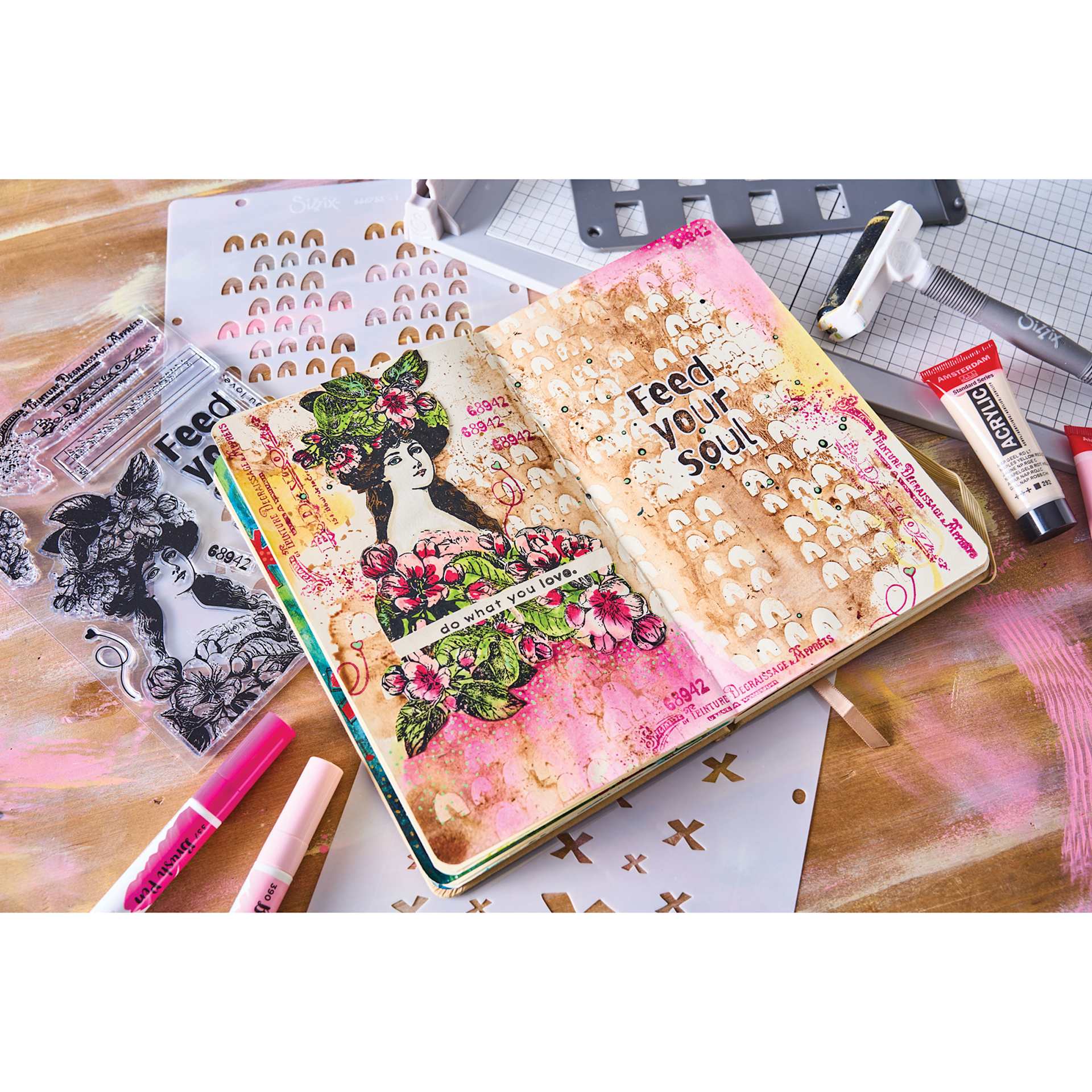 Sizzix Studio Layered Stencil and Stamp Set - Set of 14, Feed your Soul showing completed project in notebook