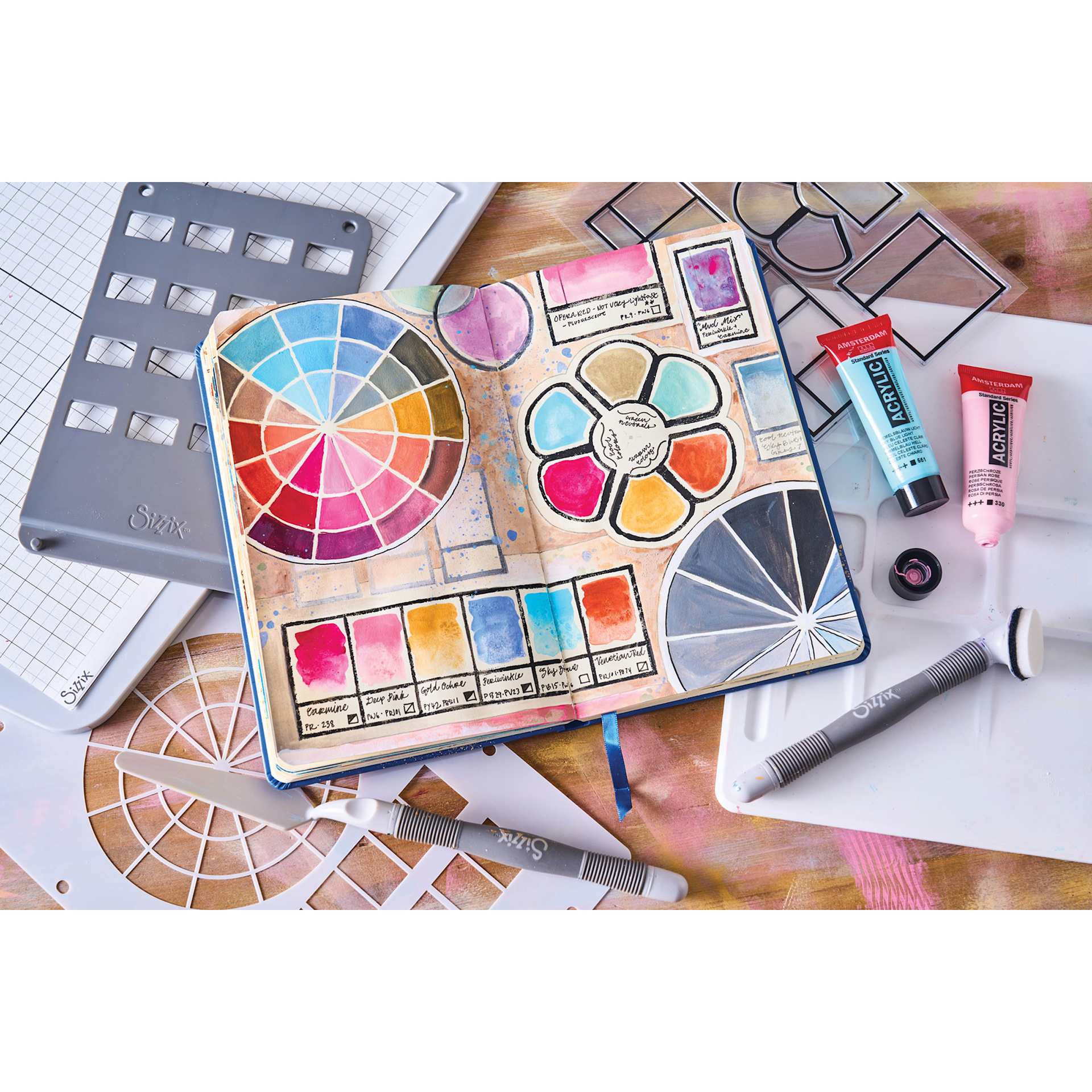 Sizzix Studio Layered Stencil and Stamp Set - Set of 8, Artist Tools completed project in notebook