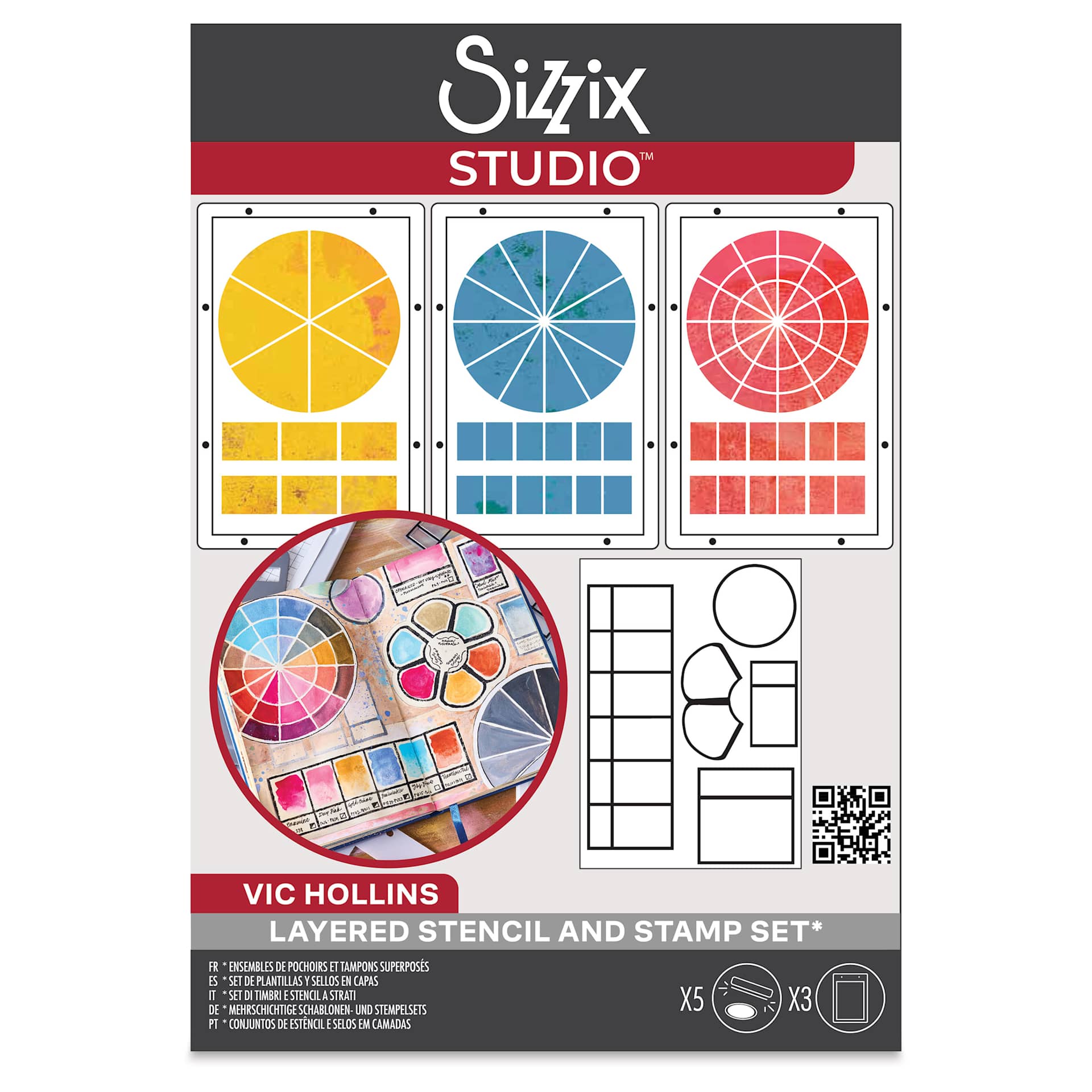 Sizzix Studio Layered Stencil and Stamp Set - Set of 8, Artist Tools front of packaging
